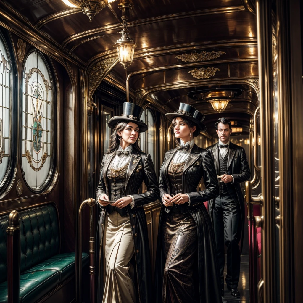 (best quality,4k,8k,highres,masterpiece:1.2),ultra-detailed,(realistic,photorealistic,photo-realistic:1.37),steam punk,a luxurious Train Station,spotlessly clean,several steam punk entertainment gadgets are present,golden steam-powered machines,exquisite clockwork mechanisms,elaborate brass gears and cogs,steaming pipes and valves,ornate Victorian architecture,impeccably polished marble floors,vintage leather-upholstered seating,gleaming crystal chandeliers,elegant top hats and corsets,curved wrought-iron staircases,copper-clad ticket booths,an opulent waiting lounge with plush velvet seats,an old-fashioned ticket conductor standing at the platform,steam-powered trains arriving and departing with a majestic hissing sound,couples in elegant attire waiting to board the train,a sense of excitement and anticipation in the air,beautifully painted vintage train carriages,puffs of steam billowing from the engines,strategically placed gas lamps casting a warm glow,sounds of clinking tea cups and laughter from a nearby café,vivid colors of rich burgundy,deep emerald green,and shimmering gold,all perfectly illuminated by the soft natural light streaming through large stained glass windows,captured in a timeless moment of Victorian elegance and steam-powered marvels.