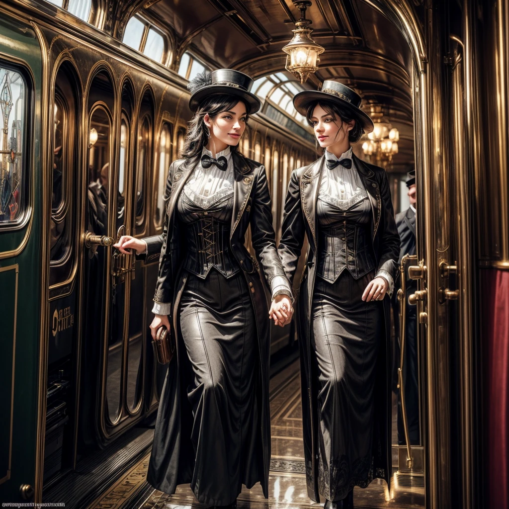 (best quality,4k,8k,highres,masterpiece:1.2),ultra-detailed,(realistic,photorealistic,photo-realistic:1.37),steam punk,a luxurious Train Station,spotlessly clean,several steam punk entertainment gadgets are present,golden steam-powered machines,exquisite clockwork mechanisms,elaborate brass gears and cogs,steaming pipes and valves,ornate Victorian architecture,impeccably polished marble floors,vintage leather-upholstered seating,gleaming crystal chandeliers,elegant top hats and corsets,curved wrought-iron staircases,copper-clad ticket booths,an opulent waiting lounge with plush velvet seats,an old-fashioned ticket conductor standing at the platform,steam-powered trains arriving and departing with a majestic hissing sound,couples in elegant attire waiting to board the train,a sense of excitement and anticipation in the air,beautifully painted vintage train carriages,puffs of steam billowing from the engines,strategically placed gas lamps casting a warm glow,sounds of clinking tea cups and laughter from a nearby café,vivid colors of rich burgundy,deep emerald green,and shimmering gold,all perfectly illuminated by the soft natural light streaming through large stained glass windows,captured in a timeless moment of Victorian elegance and steam-powered marvels.