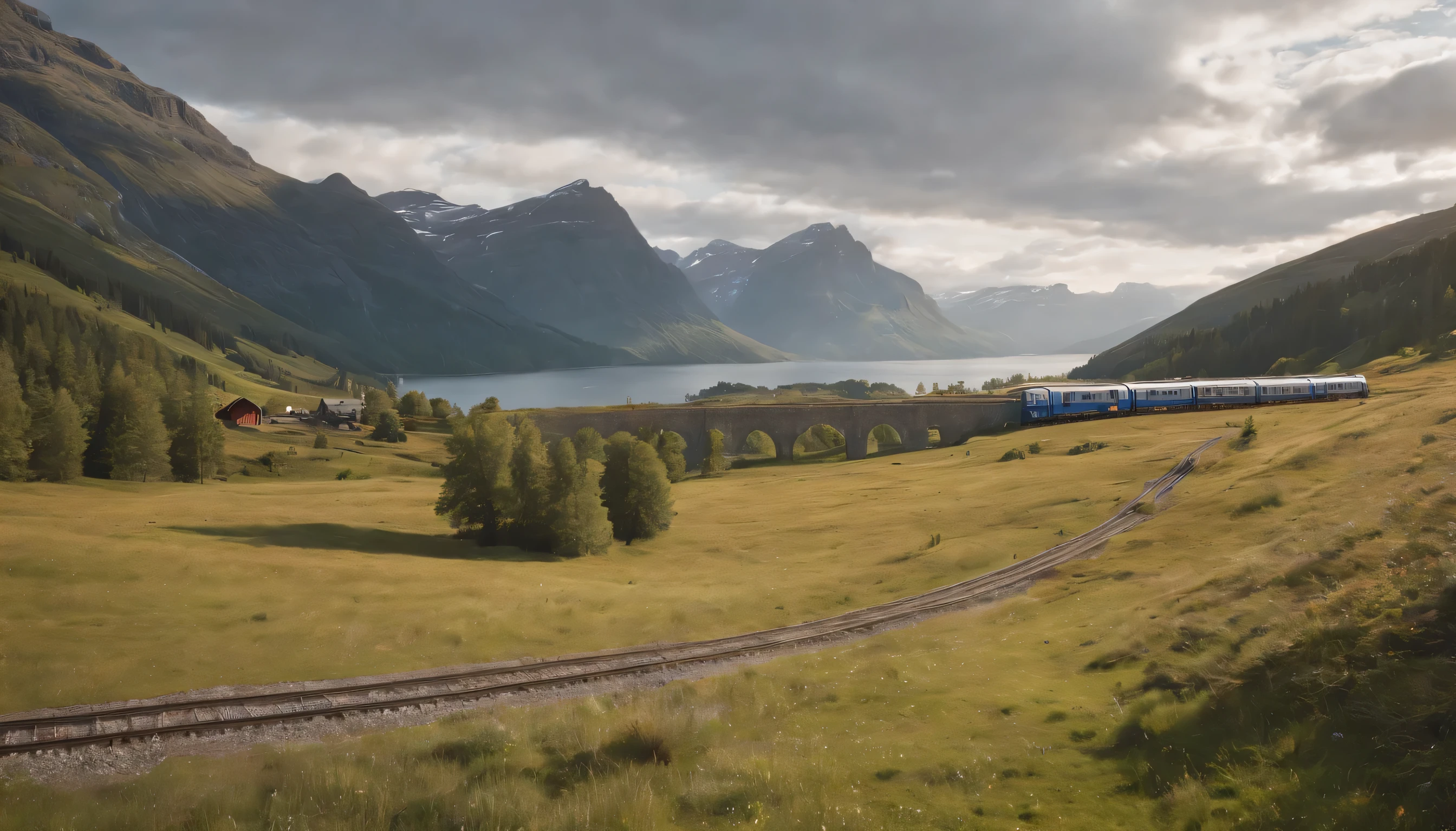 (Highly detailed CG Unity 8k wallpaper、masterpiece、highest quality、Super detailed)、(best lighting、best shadow、very delicate and beautiful)、highest quality、8k、Detailed facial depiction、masterpiece、highest quality、clear image quality、pictures of norwegian scenery'Grassland and plateau visible from the train window.。