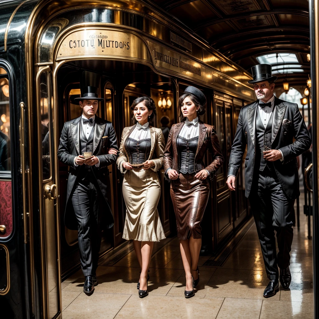 (best quality,4k,8k,highres,masterpiece:1.2),ultra-detailed,(realistic,photorealistic,photo-realistic:1.37),steam punk,a luxurious Train Station,spotlessly clean,several steam punk entertainment gadgets are present,golden steam-powered machines,exquisite clockwork mechanisms,elaborate brass gears and cogs,steaming pipes and valves,ornate Victorian architecture,impeccably polished marble floors,vintage leather-upholstered seating,gleaming crystal chandeliers,elegant top hats and corsets,curved wrought-iron staircases,copper-clad ticket booths,an opulent waiting lounge with plush velvet seats,an old-fashioned ticket conductor standing at the platform,steam-powered trains arriving and departing with a majestic hissing sound,couples in elegant attire waiting to board the train,a sense of excitement and anticipation in the air,beautifully painted vintage train carriages,puffs of steam billowing from the engines,strategically placed gas lamps casting a warm glow,sounds of clinking tea cups and laughter from a nearby café,vivid colors of rich burgundy,deep emerald green,and shimmering gold,all perfectly illuminated by the soft natural light streaming through large stained glass windows,captured in a timeless moment of Victorian elegance and steam-powered marvels.