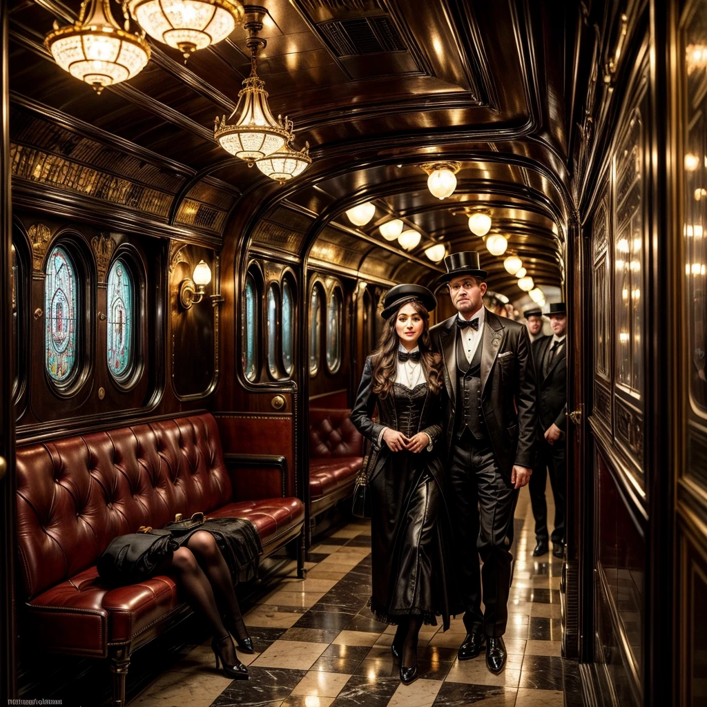 (best quality,4k,8k,highres,masterpiece:1.2),ultra-detailed,(realistic,photorealistic,photo-realistic:1.37),steam punk,a luxurious Train Station,spotlessly clean,several steam punk entertainment gadgets are present,golden steam-powered machines,exquisite clockwork mechanisms,elaborate brass gears and cogs,steaming pipes and valves,ornate Victorian architecture,impeccably polished marble floors,vintage leather-upholstered seating,gleaming crystal chandeliers,elegant top hats and corsets,curved wrought-iron staircases,copper-clad ticket booths,an opulent waiting lounge with plush velvet seats,an old-fashioned ticket conductor standing at the platform,steam-powered trains arriving and departing with a majestic hissing sound,couples in elegant attire waiting to board the train,a sense of excitement and anticipation in the air,beautifully painted vintage train carriages,puffs of steam billowing from the engines,strategically placed gas lamps casting a warm glow,sounds of clinking tea cups and laughter from a nearby café,vivid colors of rich burgundy,deep emerald green,and shimmering gold,all perfectly illuminated by the soft natural light streaming through large stained glass windows,captured in a timeless moment of Victorian elegance and steam-powered marvels.
