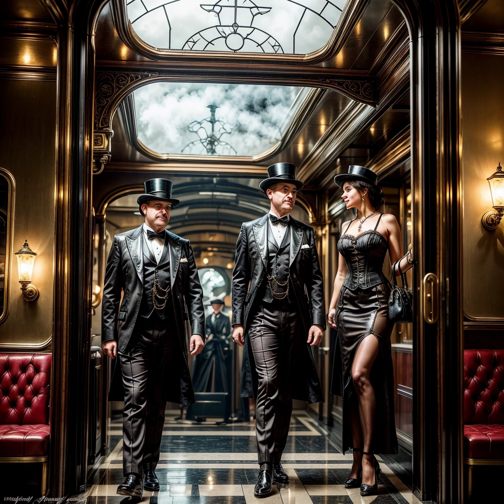 (best quality,4k,8k,highres,masterpiece:1.2),ultra-detailed,(realistic,photorealistic,photo-realistic:1.37),steam punk,a luxurious Train Station,spotlessly clean,several steam punk entertainment gadgets are present,golden steam-powered machines,exquisite clockwork mechanisms,elaborate brass gears and cogs,steaming pipes and valves,ornate Victorian architecture,impeccably polished marble floors,vintage leather-upholstered seating,gleaming crystal chandeliers,elegant top hats and corsets,curved wrought-iron staircases,copper-clad ticket booths,an opulent waiting lounge with plush velvet seats,an old-fashioned ticket conductor standing at the platform,steam-powered trains arriving and departing with a majestic hissing sound,couples in elegant attire waiting to board the train,a sense of excitement and anticipation in the air,beautifully painted vintage train carriages,puffs of steam billowing from the engines,strategically placed gas lamps casting a warm glow,sounds of clinking tea cups and laughter from a nearby café,vivid colors of rich burgundy,deep emerald green,and shimmering gold,all perfectly illuminated by the soft natural light streaming through large stained glass windows,captured in a timeless moment of Victorian elegance and steam-powered marvels.