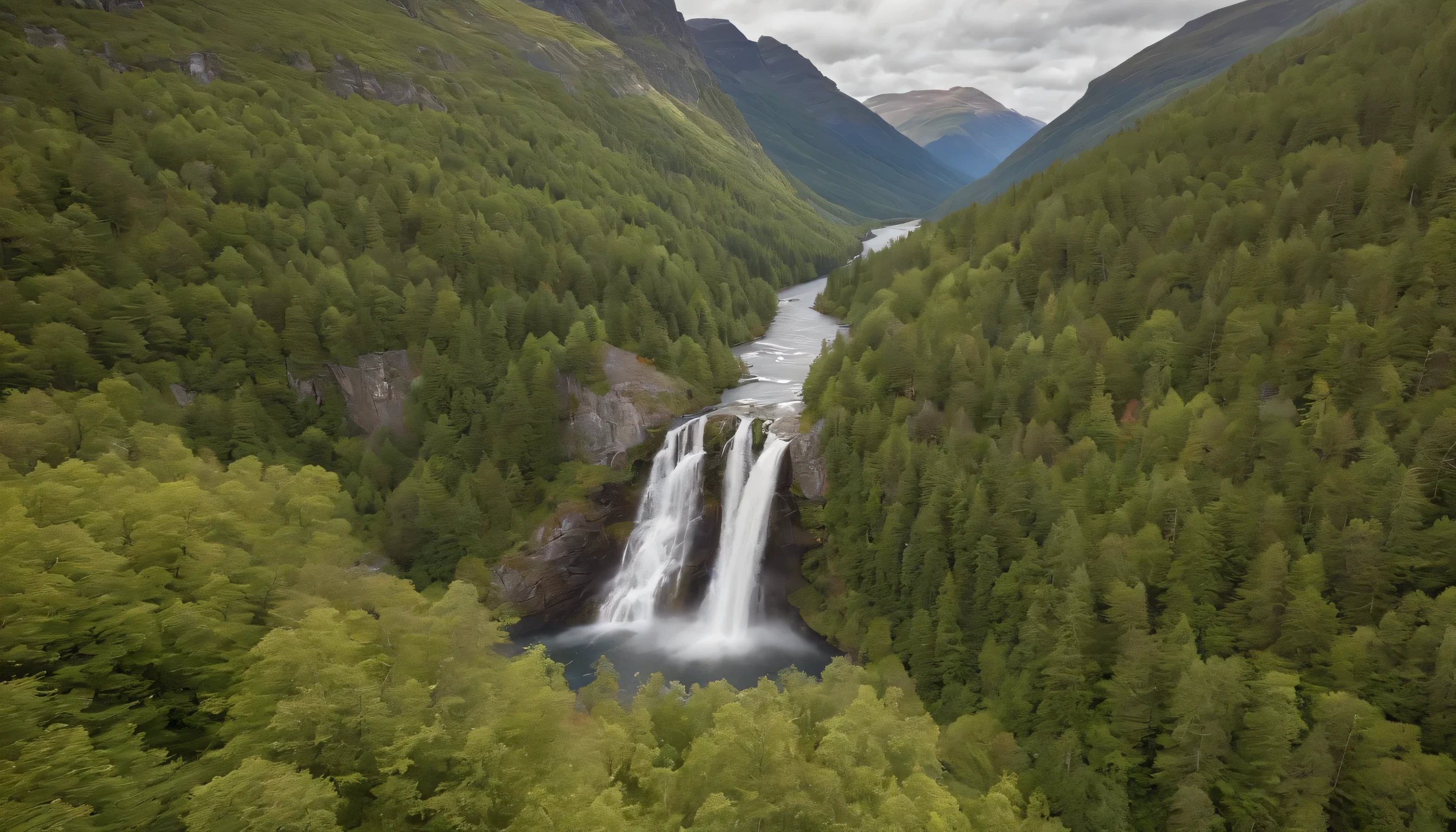 (Highly detailed CG Unity 8k wallpaper、masterpiece、highest quality、Super detailed)、(best lighting、best shadow、very delicate and beautiful)、highest quality、8k、Detailed facial depiction、masterpiece、highest quality、clear image quality、
Photos of the natural scenery of Norway taken from the train window'waterfall and valley.。