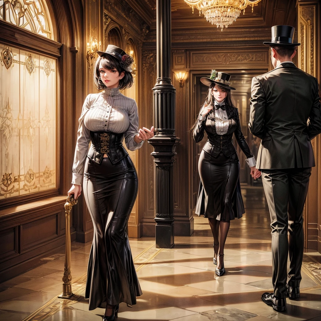 (best quality,4k,8k,highres,masterpiece:1.2),ultra-detailed,(realistic,photorealistic,photo-realistic:1.37),steam punk,a luxurious Train Station,spotlessly clean,several steam punk entertainment gadgets are present,golden steam-powered machines,exquisite clockwork mechanisms,elaborate brass gears and cogs,steaming pipes and valves,ornate Victorian architecture,impeccably polished marble floors,vintage leather-upholstered seating,gleaming crystal chandeliers,elegant top hats and corsets,curved wrought-iron staircases,copper-clad ticket booths,an opulent waiting lounge with plush velvet seats,an old-fashioned ticket conductor standing at the platform,steam-powered trains arriving and departing with a majestic hissing sound,couples in elegant attire waiting to board the train,a sense of excitement and anticipation in the air,beautifully painted vintage train carriages,puffs of steam billowing from the engines,strategically placed gas lamps casting a warm glow,sounds of clinking tea cups and laughter from a nearby café,vivid colors of rich burgundy,deep emerald green,and shimmering gold,all perfectly illuminated by the soft natural light streaming through large stained glass windows,captured in a timeless moment of Victorian elegance and steam-powered marvels.
