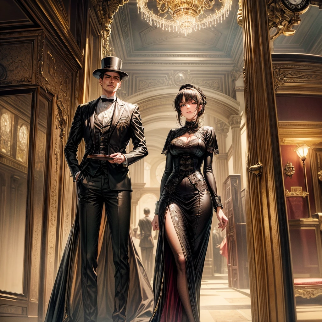 (best quality,4k,8k,highres,masterpiece:1.2),ultra-detailed,(realistic,photorealistic,photo-realistic:1.37),steam punk,a luxurious Train Station,spotlessly clean,several steam punk entertainment gadgets are present,golden steam-powered machines,exquisite clockwork mechanisms,elaborate brass gears and cogs,steaming pipes and valves,ornate Victorian architecture,impeccably polished marble floors,vintage leather-upholstered seating,gleaming crystal chandeliers,elegant top hats and corsets,curved wrought-iron staircases,copper-clad ticket booths,an opulent waiting lounge with plush velvet seats,an old-fashioned ticket conductor standing at the platform,steam-powered trains arriving and departing with a majestic hissing sound,couples in elegant attire waiting to board the train,a sense of excitement and anticipation in the air,beautifully painted vintage train carriages,puffs of steam billowing from the engines,strategically placed gas lamps casting a warm glow,sounds of clinking tea cups and laughter from a nearby café,vivid colors of rich burgundy,deep emerald green,and shimmering gold,all perfectly illuminated by the soft natural light streaming through large stained glass windows,captured in a timeless moment of Victorian elegance and steam-powered marvels.