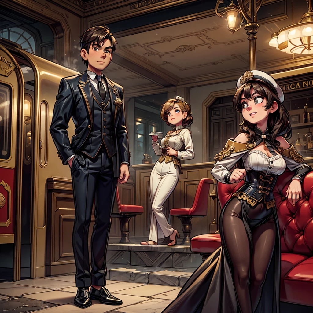 (best quality,4k,8k,highres,masterpiece:1.2),ultra-detailed,(realistic,photorealistic,photo-realistic:1.37),steam punk,a luxurious Train Station,spotlessly clean,several steam punk entertainment gadgets are present,golden steam-powered machines,exquisite clockwork mechanisms,elaborate brass gears and cogs,steaming pipes and valves,ornate Victorian architecture,impeccably polished marble floors,vintage leather-upholstered seating,gleaming crystal chandeliers,elegant top hats and corsets,curved wrought-iron staircases,copper-clad ticket booths,an opulent waiting lounge with plush velvet seats,an old-fashioned ticket conductor standing at the platform,steam-powered trains arriving and departing with a majestic hissing sound,couples in elegant attire waiting to board the train,a sense of excitement and anticipation in the air,beautifully painted vintage train carriages,puffs of steam billowing from the engines,strategically placed gas lamps casting a warm glow,sounds of clinking tea cups and laughter from a nearby café,vivid colors of rich burgundy,deep emerald green,and shimmering gold,all perfectly illuminated by the soft natural light streaming through large stained glass windows,captured in a timeless moment of Victorian elegance and steam-powered marvels.