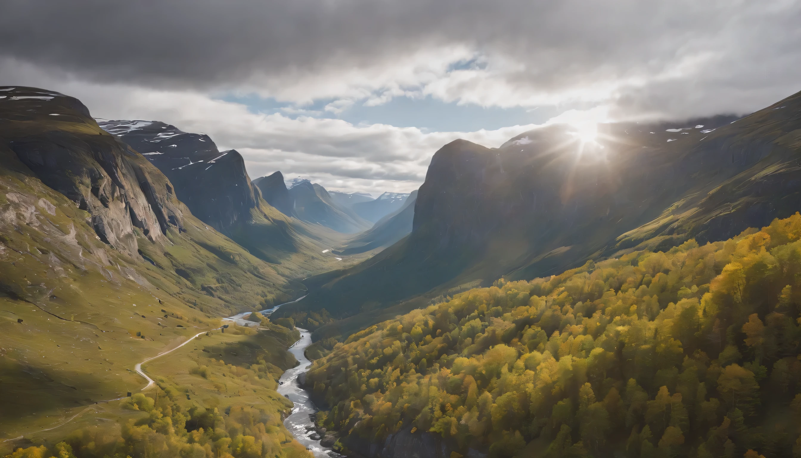 (Highly detailed CG Unity 8k wallpaper、masterpiece、highest quality、Super detailed)、(best lighting、best shadow、very delicate and beautiful)、highest quality、8k、Detailed facial depiction、masterpiece、highest quality、clear image quality、
Photos of the natural scenery of Norway taken from the train window'waterfall and valley.。