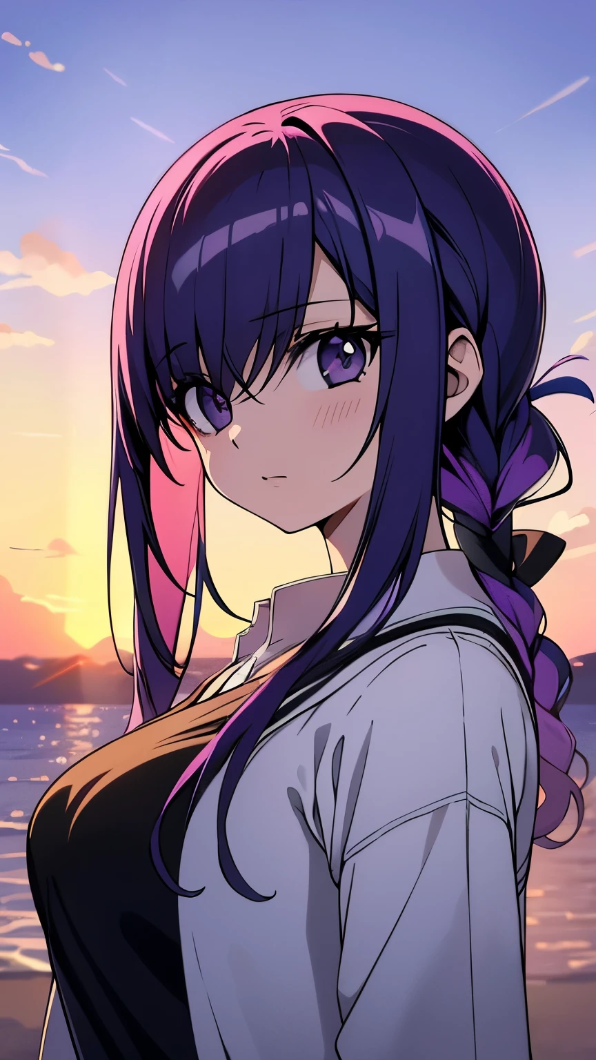 obra de arte, Melhor qualidade de imagem, Extreme vividness, Garota anime com rabo de cavalo encaracolado, figura pequena, casaco funcional branco, pequeno, blue-purple gradient ski goggles, Ciberpunk, cabelo grisalho, estilo casual natural, dynamic posture, Golden Section, retrato com grande abertura, Tons legais, forte impacto visual, blank space, contraste de luz e sombra, Super textura, Sunset glow, super clear image, imagem simples