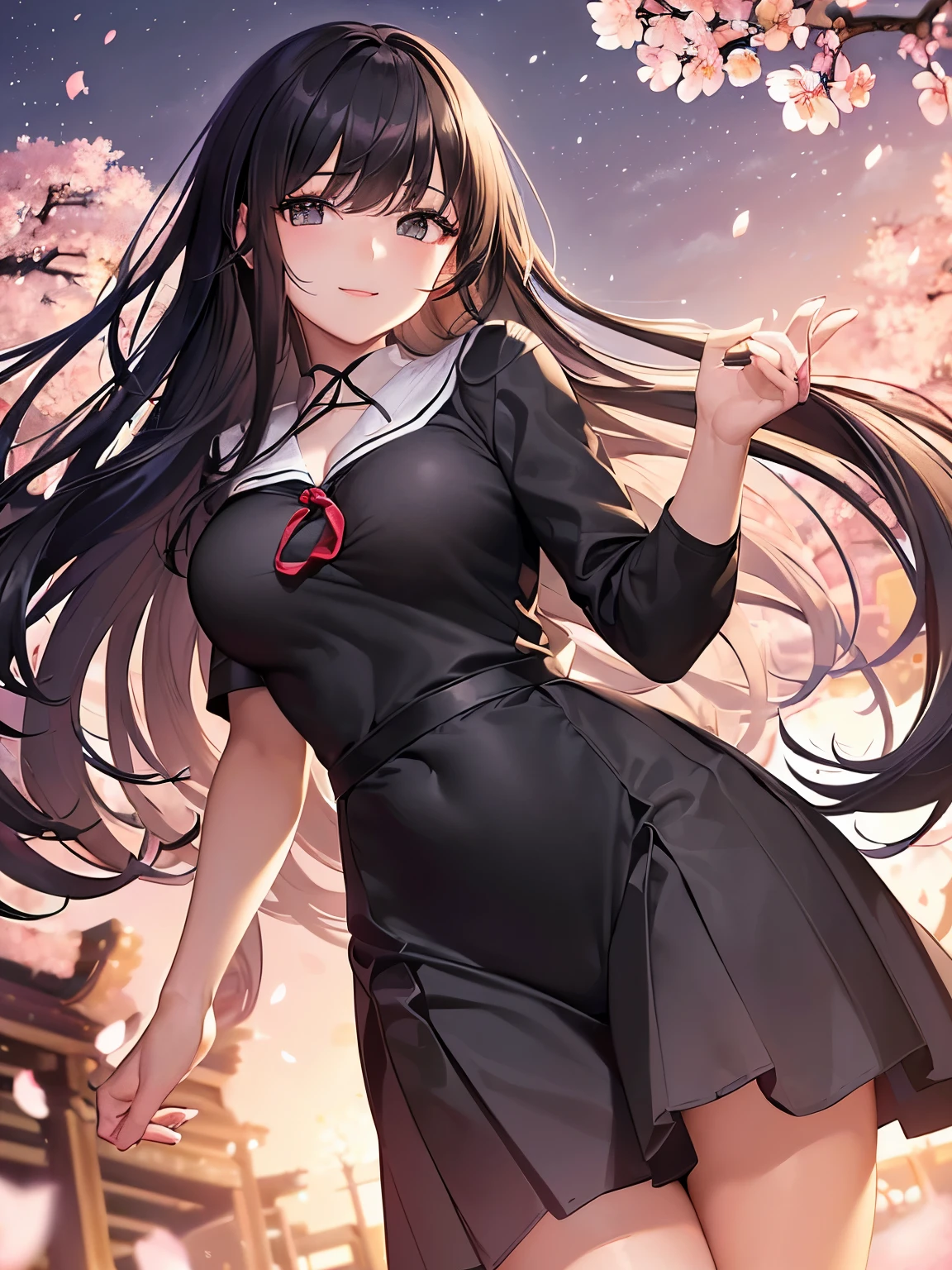 ((masterpiece, Best Quality)), ((hight resolution)), (photos realistic), Best Shadow, high detailing, Very detailed, (nice hand, Perfect hands), (Face Focus:1.2), ((1 girl)), Beautiful Girl, 25 years old, (black long Hair:1.5), (normal breasts:1.3), (view from front), (Very slender:1.3), (Cute face:1.3), (look at viewer:1.4), detailed facial features,droopy eyes, Crisp focus, perfect beautiful body and face, Perfectly focused, Long bangs, (in the night garden:1.4), (enchanting smile:1.5), (black eyes), ((school costume:1.5)), standing, ((cherry blossom:1.4)), spring, windy
