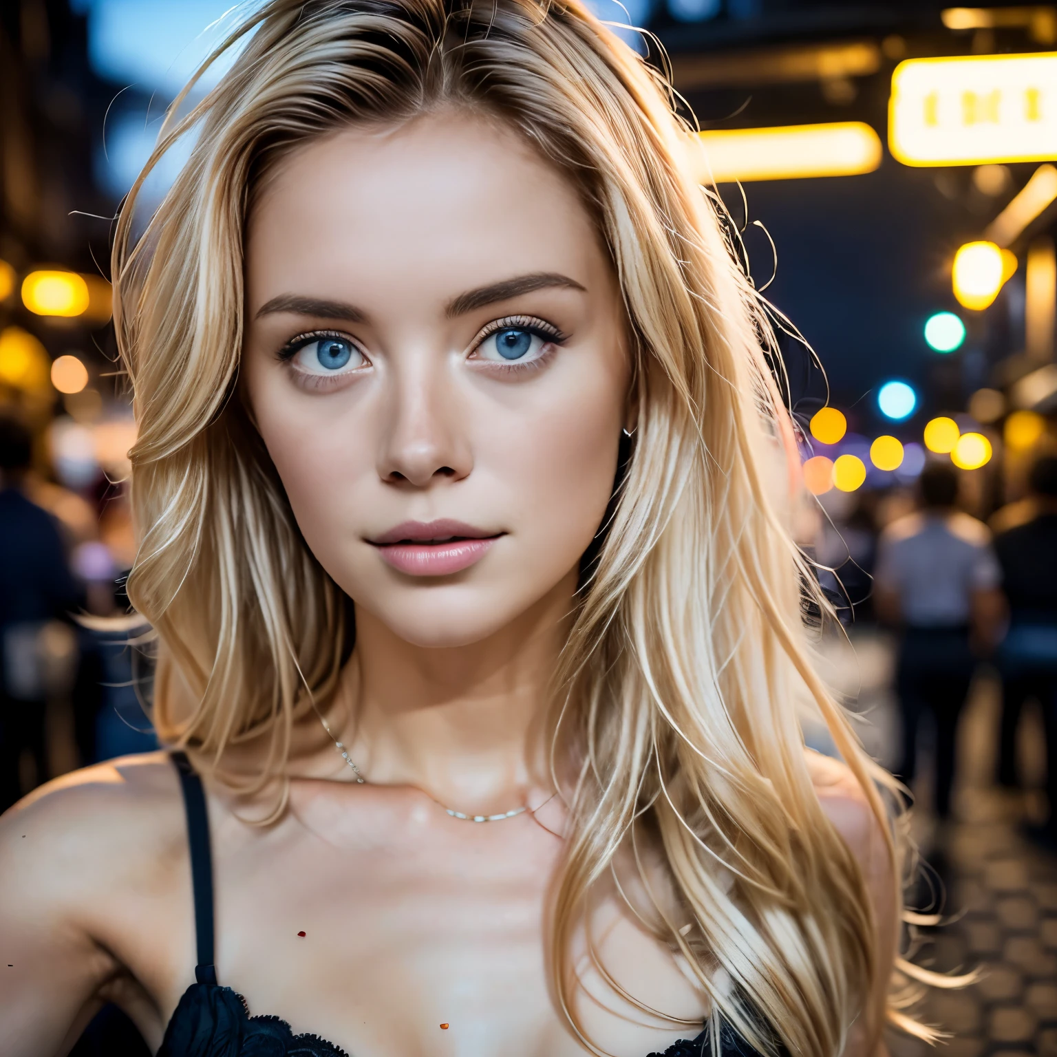 Summer77, beautiful 1 girl, blonde, 23yo, blue eyes, ine cafe bar bistro, snapshot, selfie, look away, sexy, seducing look, curly hair, crowded place, people in the background 