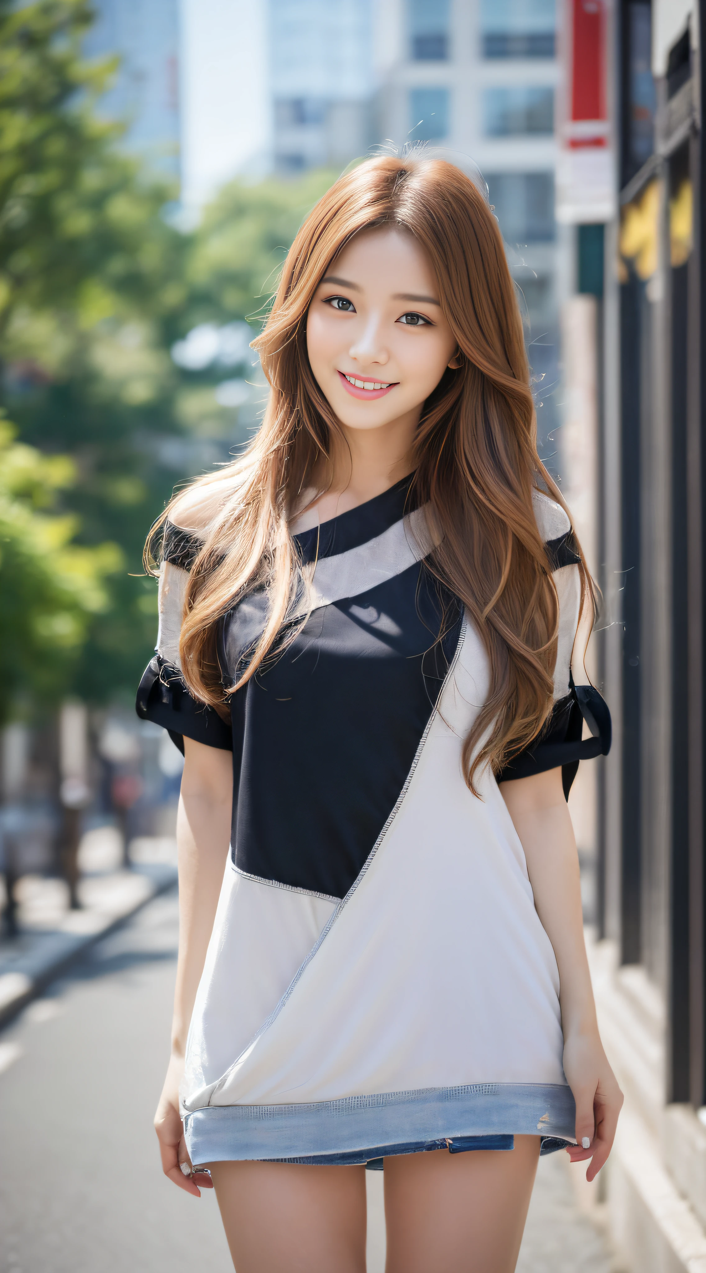 ((highest quality, 8k, masterpiece: 1.3)), 1 girl, smile, ((whole body: 1.3)), innocent pose, whole bodyを捉える360度自由撮影, slim face, Beautiful woman, Free hairstyle, (Free hair coloring), free color tunic: 1.1, tunic above the knee, Simple patterns, stylish mules, super detailed face, fine eyes, double eyelid, blurred background, slim face, city, outside, street