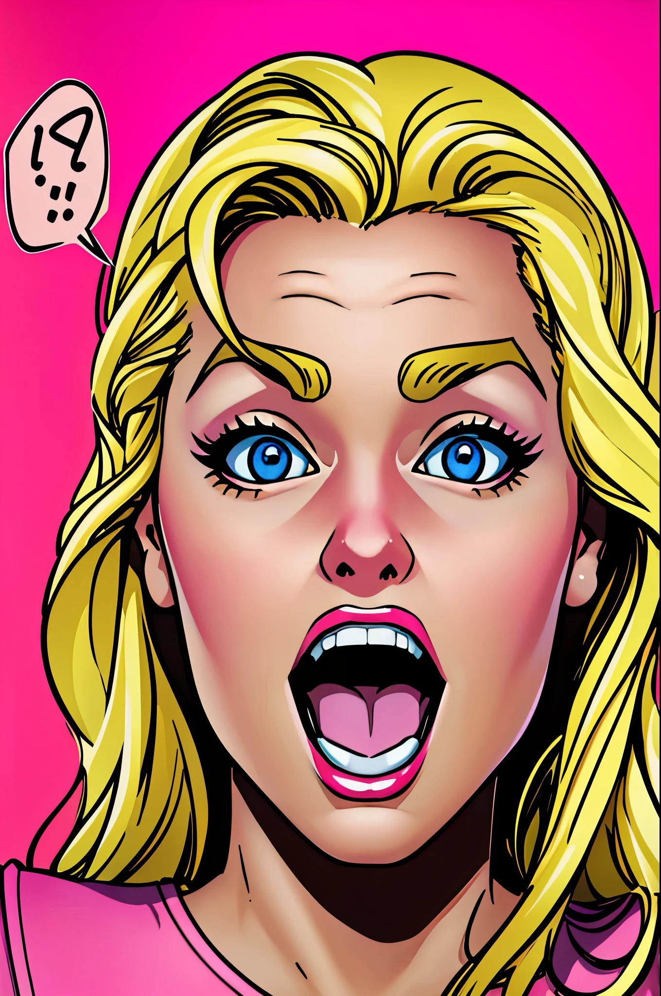 masterpiece, best quality, extremely detailed, pop art, hyperrealistic, photorealistic, a pretty woman, blond hair, happy, surprised:1.1, open mouth, pink tops, speech bubble
