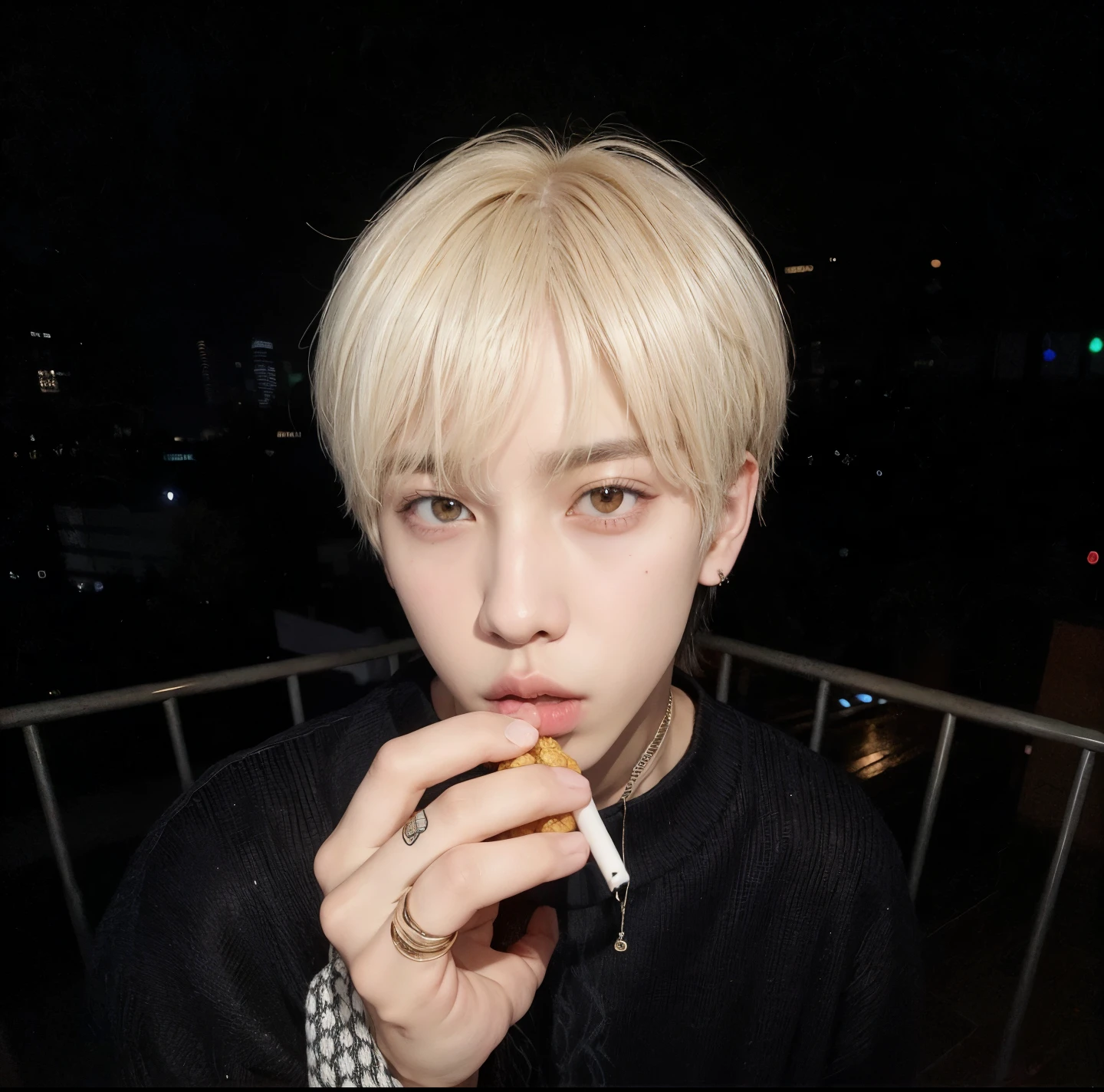Hombre de pelo rubio con un cigarrillo en la mano y el horizonte de la ciudad en segundo plano., cai xukun, taehyung comiendo papas fritas gucci, cabello con flequillo blanco, kanliu666, hyung tae, con el pelo largo y blanco, hong junio hyung, jinyoung shin, pintar ulzzang, pelo blanco!!!!!, jungkook, with long pelo blanco, kim doyoung, flequillo blanco, kim taejin, rostro adorable, tae bts, jin bts, cara perfecta, ojos celestes 