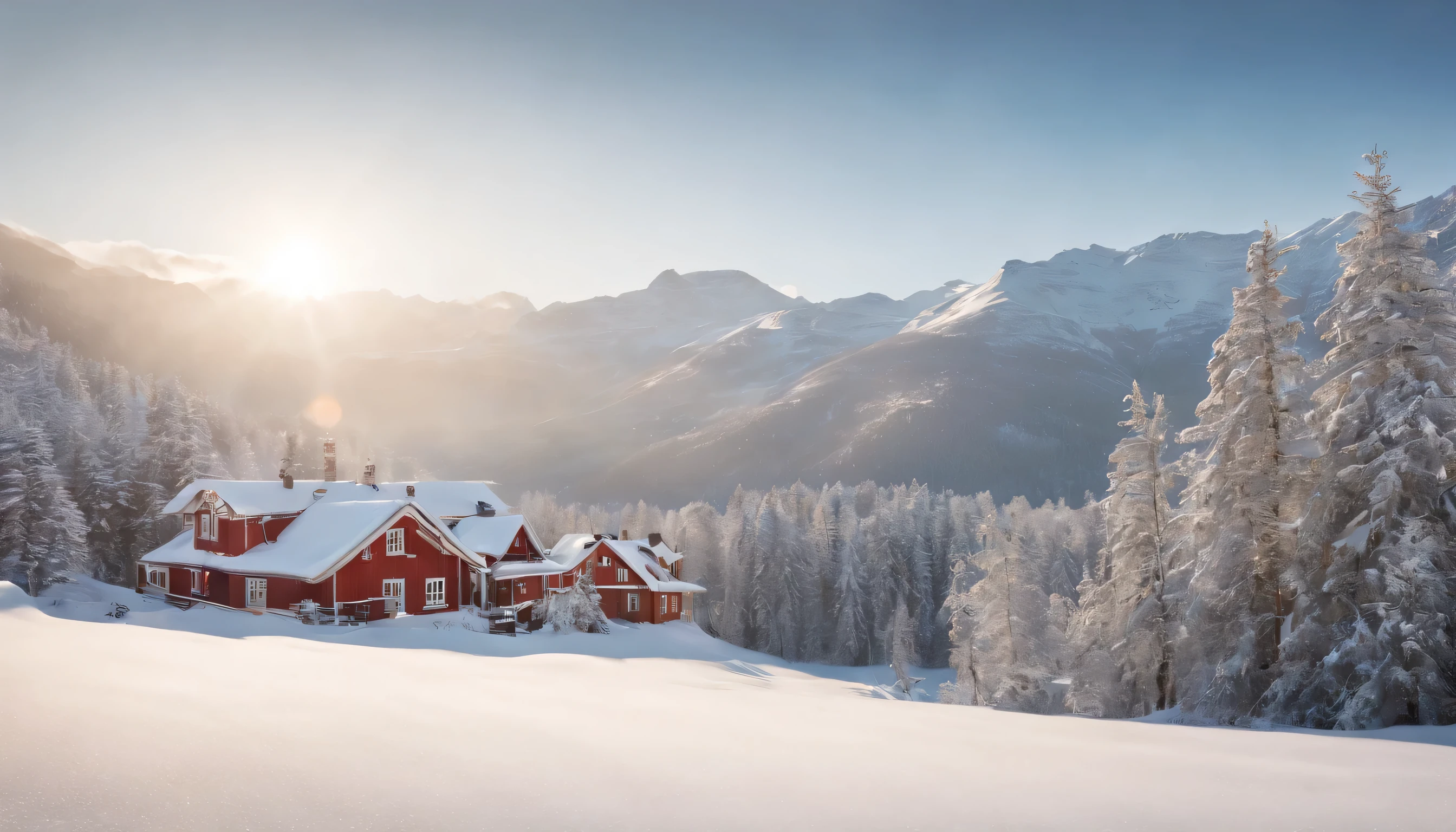 (Highly detailed CG Unity 8k wallpaper、masterpiece、highest quality、Super detailed)、(best lighting、best shadow、very delicate and beautiful)、highest quality、8k、Detailed facial depiction、masterpiece、highest quality、clear image quality、
norwegian winter scenery pictures&#39;Snowy mountains and ski resorts visible from the train window.。