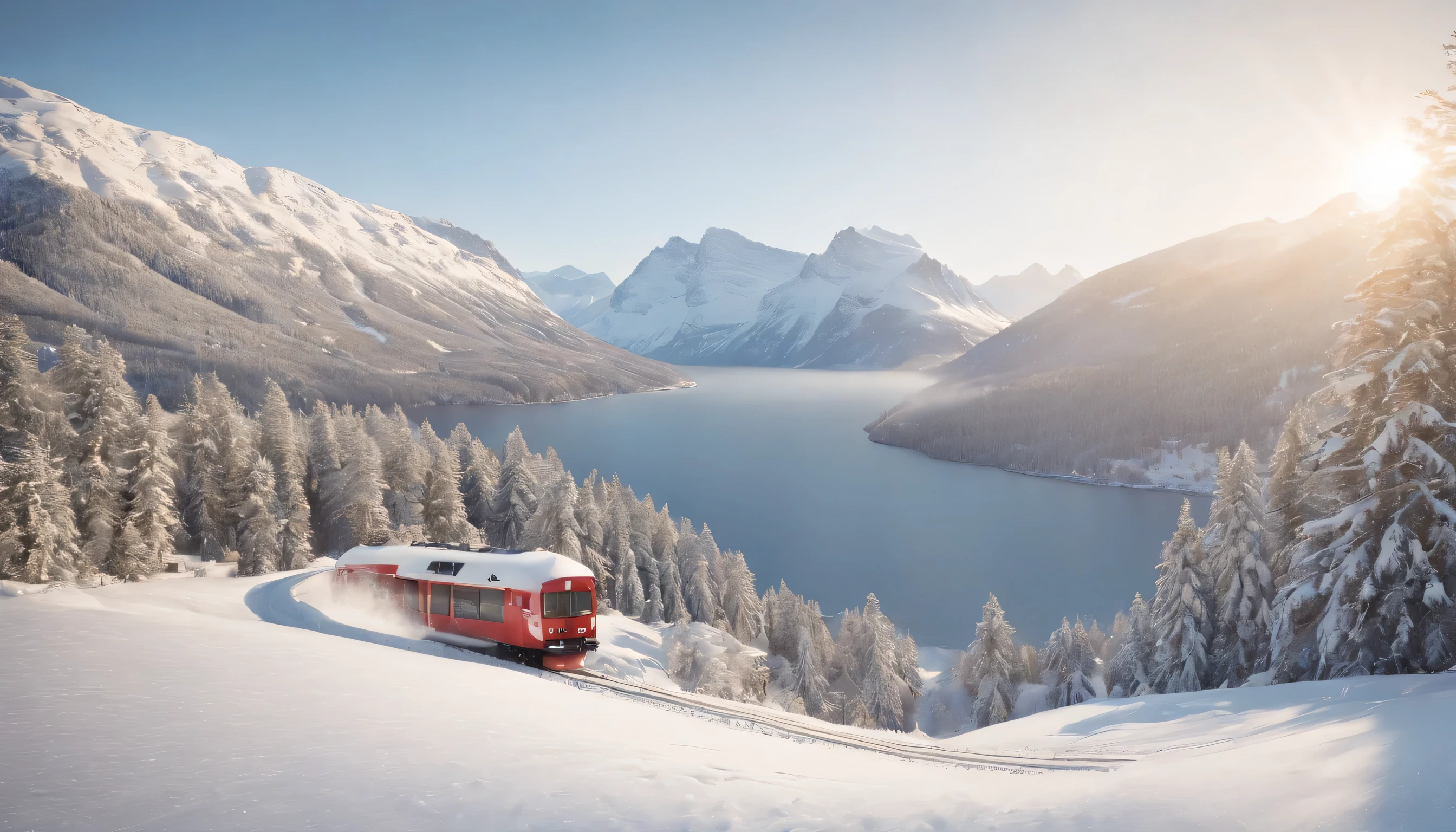 (Highly detailed CG Unity 8k wallpaper、masterpiece、highest quality、Super detailed)、(best lighting、best shadow、very delicate and beautiful)、highest quality、8k、Detailed facial depiction、masterpiece、highest quality、clear image quality、
norwegian winter scenery pictures'Snowy mountains and ski resorts visible from the train window.。