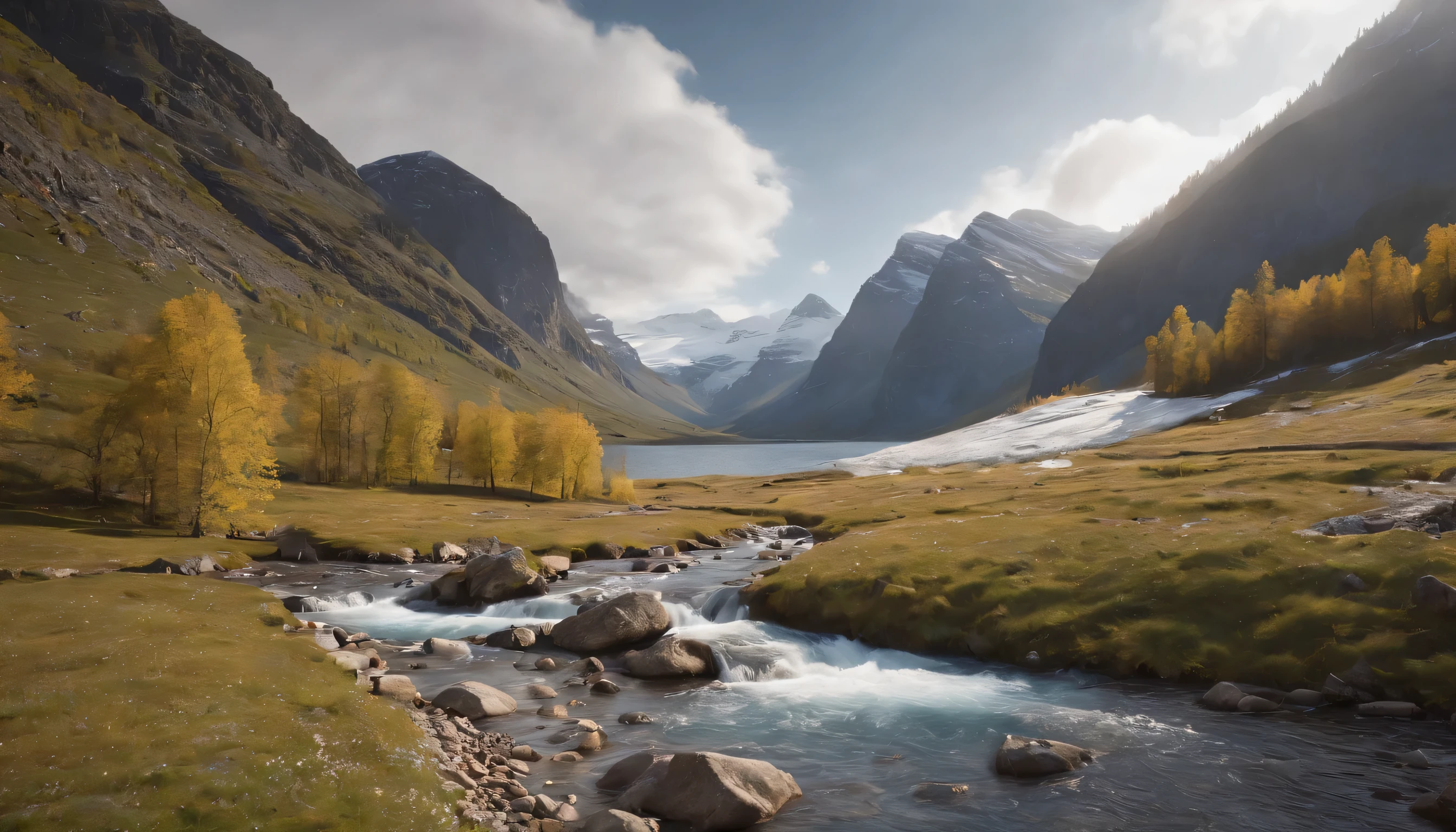 (Highly detailed CG Unity 8k wallpaper、masterpiece、highest quality、Super detailed)、(best lighting、best shadow、very delicate and beautiful)、highest quality、8k、Detailed facial depiction、masterpiece、highest quality、clear image quality、
A photo of a clear stream and lake with flowing snowmelt water in Norway.。