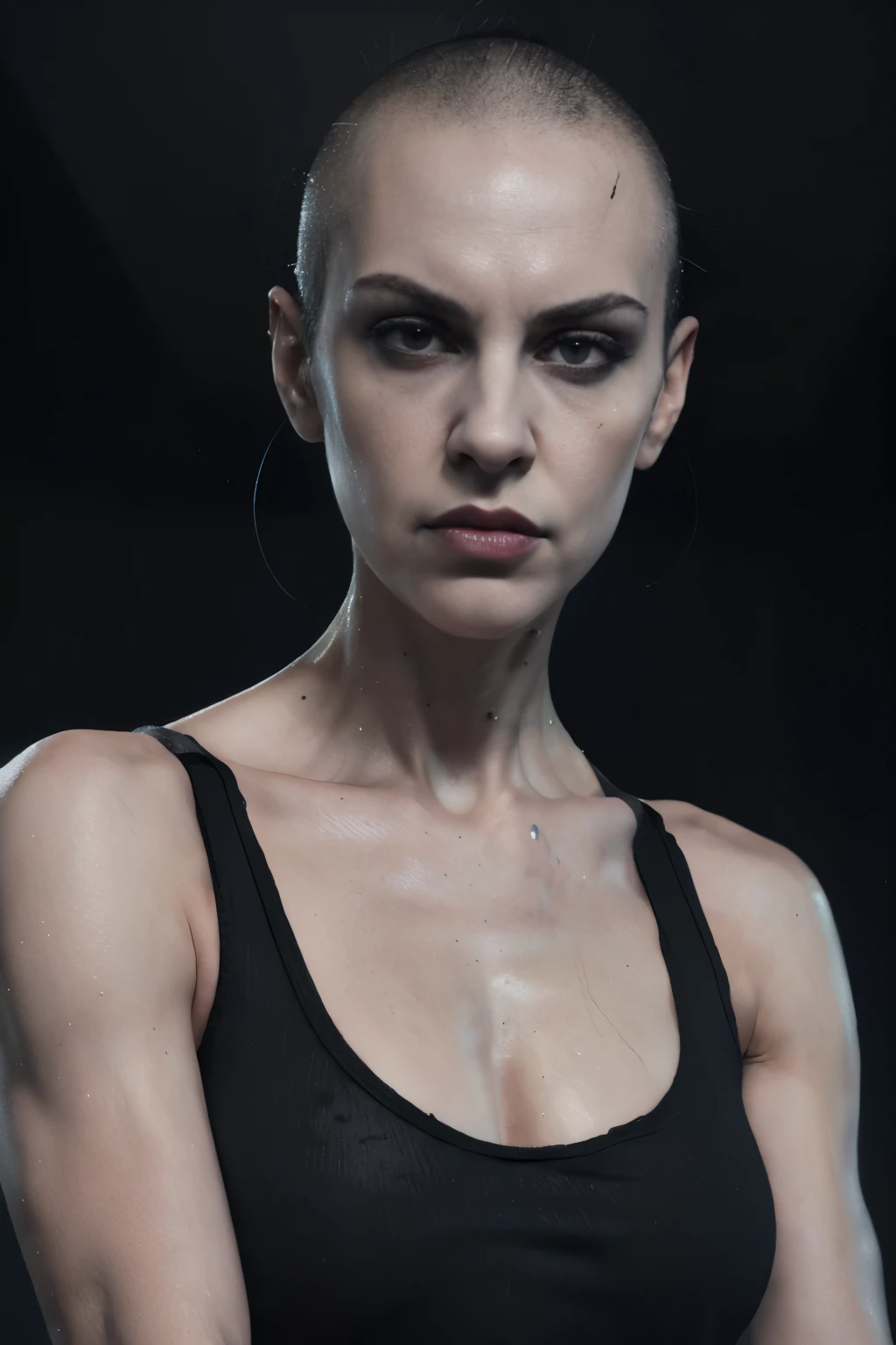 full body photo (close-up on face)(angry) (woman wearing a short t-shirt). woman with shaved head, fitness shaved hair, tall and thin. villain. woman with shaved hair, she is evil, wide eyes, black eyes, the white part of her eyes is black, black lipstick, thin lips. bony face, thin, fitness, athletic, prominent veins, prominent veins, apparent nerves, prominent nerves, apparent tendons. Her body, a fusion of flesh and metal is a masterpiece of destruction, each limb a lethal extension of her insatiable will (black lipstick on lips) (dark background, gray background). (sweaty body) (black t-shirt, sleeveless t-shirt) bottomless
