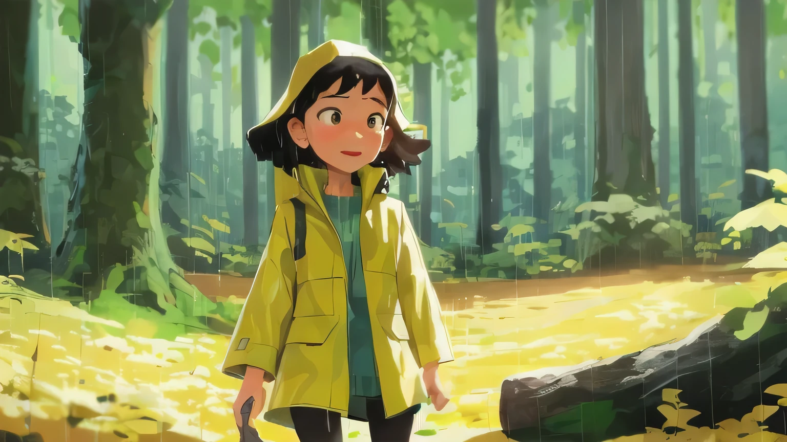 a woman in a Yellow raincoat standing in a forest, in the style of atey ghailan, Girl in a raincoat, inspired By Atay Krailan, By Atay Krailan, atey ghailan 8 ก, In the style of Disney animation, Yellow raincoat, official art, girl walking in the forest, backlit Girl in a raincoat, illustration!