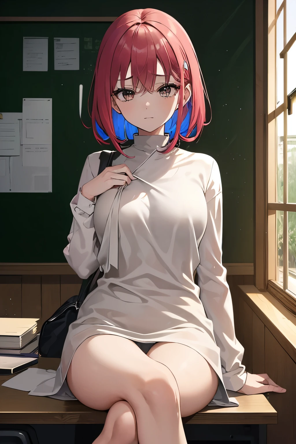 Anime girl sitting on a desk with a laptop and a cell phone  