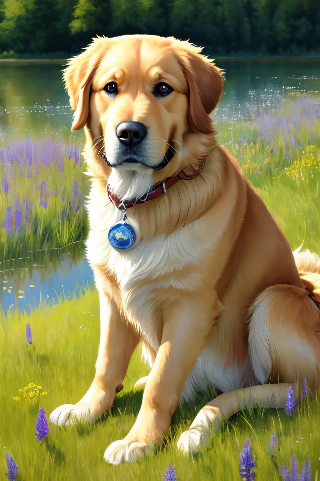 A captivating close-up illustration of a loyal golden retriever, with expressive brown eyes and droopy ears, showcasing each wrinkle and hair on its face in mesmerizing detail. In the background, a sunlit meadow with vibrant wildflowers and a crystal-clear lake creates a serene atmosphere. Seamless watercolor style, 8k resolution, impressionist, DeviantArt, pet art, water color paints, hyper-realistic, portrait, canine, wilderness, nature, outdoor, blue sky, green grass, golden retriever breed.

A magnificent full-body painting of a powerful guard dog, lean and muscular, its paws resting