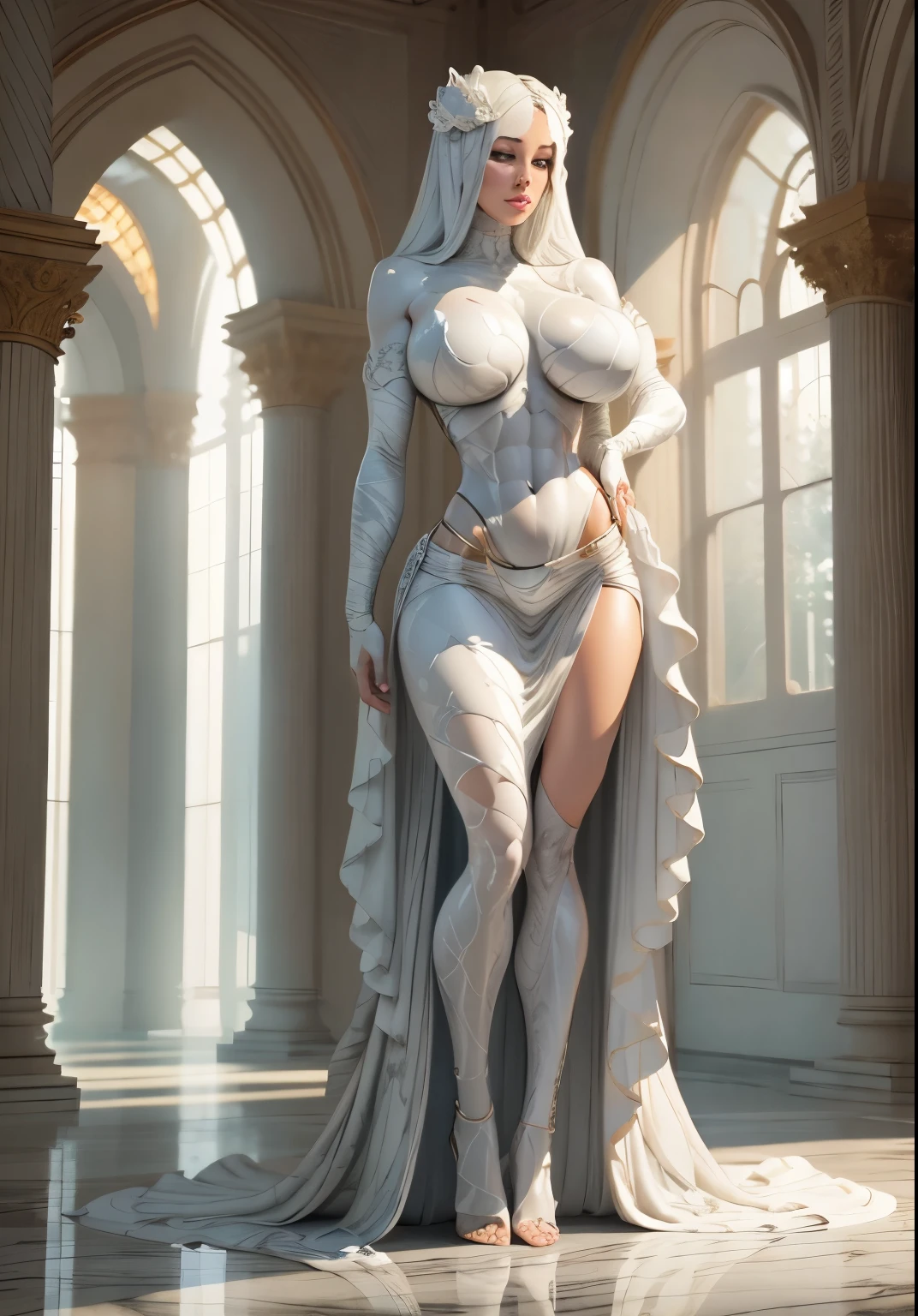 full body wraped around by sheet as a curled marble statue, difuse lighting, shy, scared, half-closed eyes, (gigantic breasts:1.4), cinematic lighting, view from bottom, anatomically correct, super detail, (slendered abs:1.4)