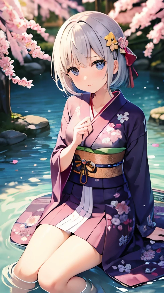 kimono、kimono、girl, beautiful girl,shyly、Watery eye、clear、、short hair、(masterpiece), (highest quality), Super detailed, perfect face, perfect body, sitting on the floor、flowering tree、spring