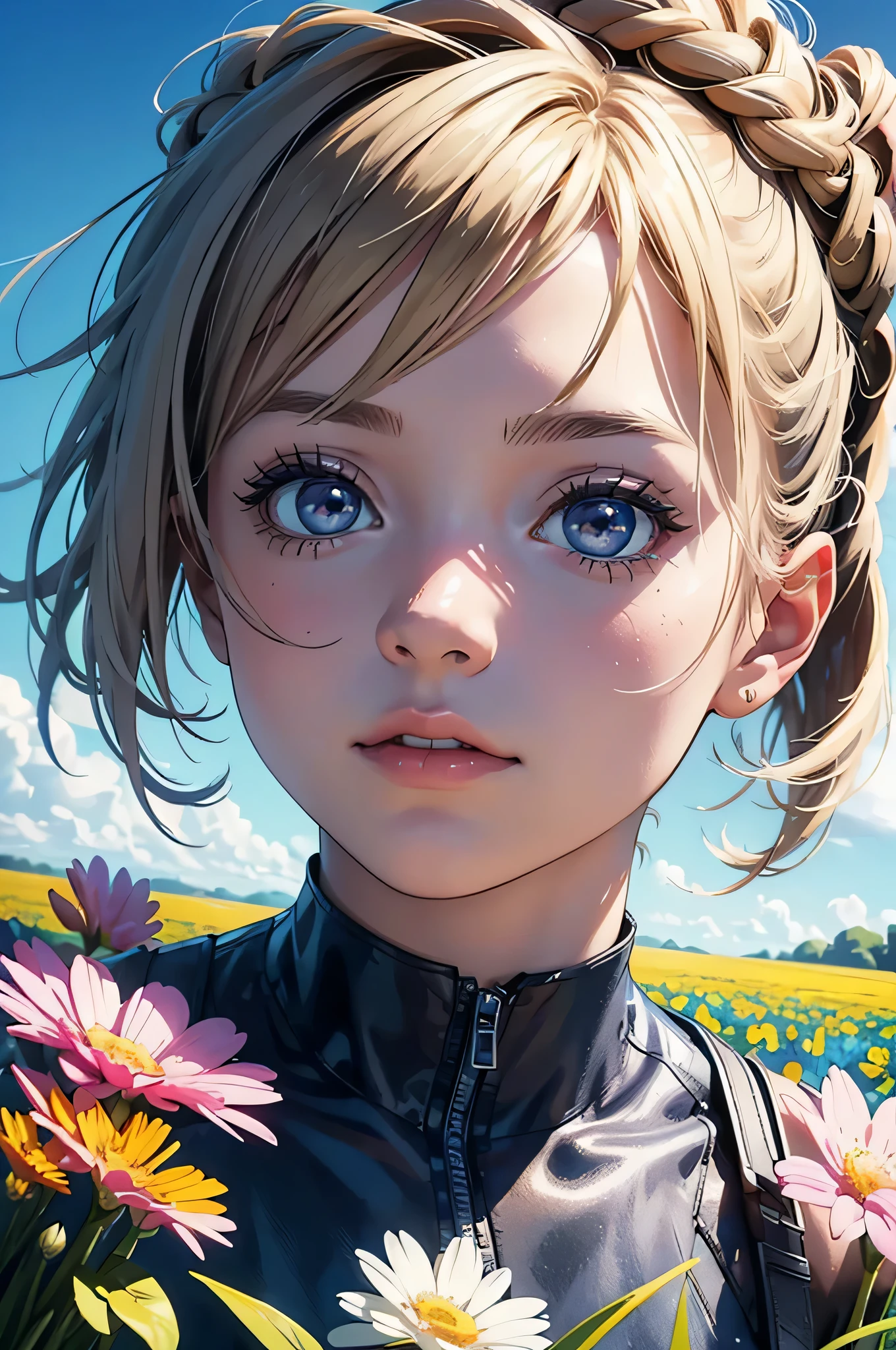 an image of a girl in the field in the background, in the style of vibrant comics, realistic hyper-detailed portraits, delicate flowers, realistic blue skies, cartoonish characters, shiny/glossy, close up --ar 2:3