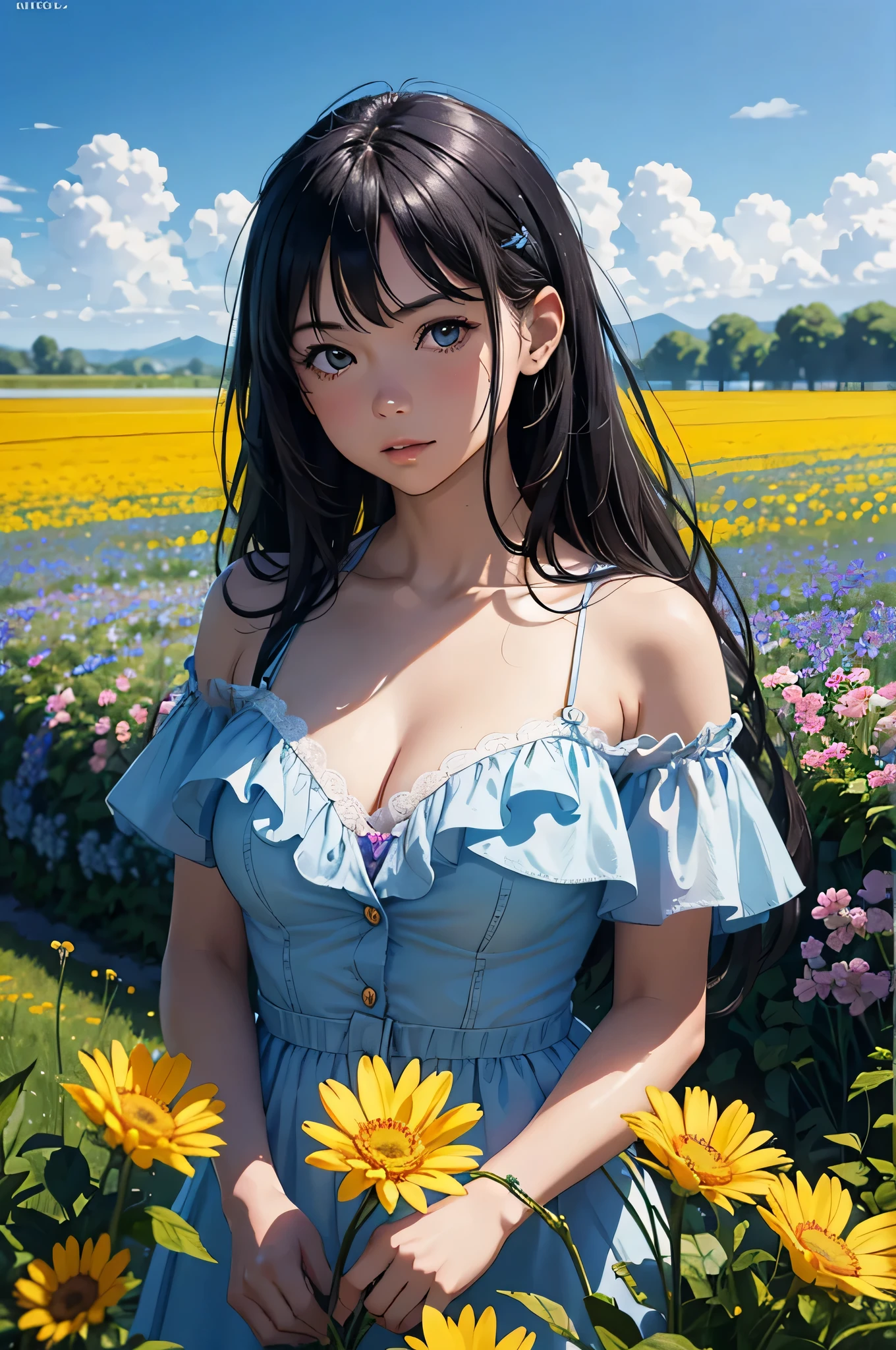 an image of a girl in the field in the background, in the style of vibrant comics, realistic hyper-detailed portraits, delicate flowers, realistic blue skies, cartoonish characters, shiny/glossy, close up --ar 2:3