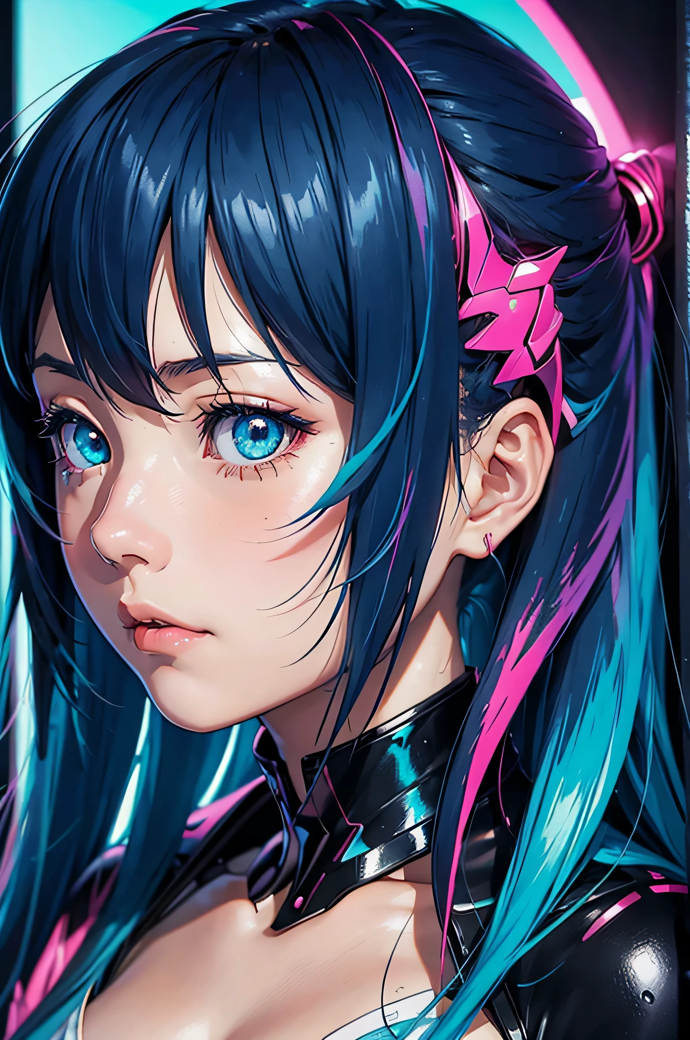 an anime girl is looking straight at the wall, in the style of neon realism, light cyan and crimson, realistic hyper-detailed portraits, pulp comics, shiny/glossy, close up, subtle emotions --ar 2:3
