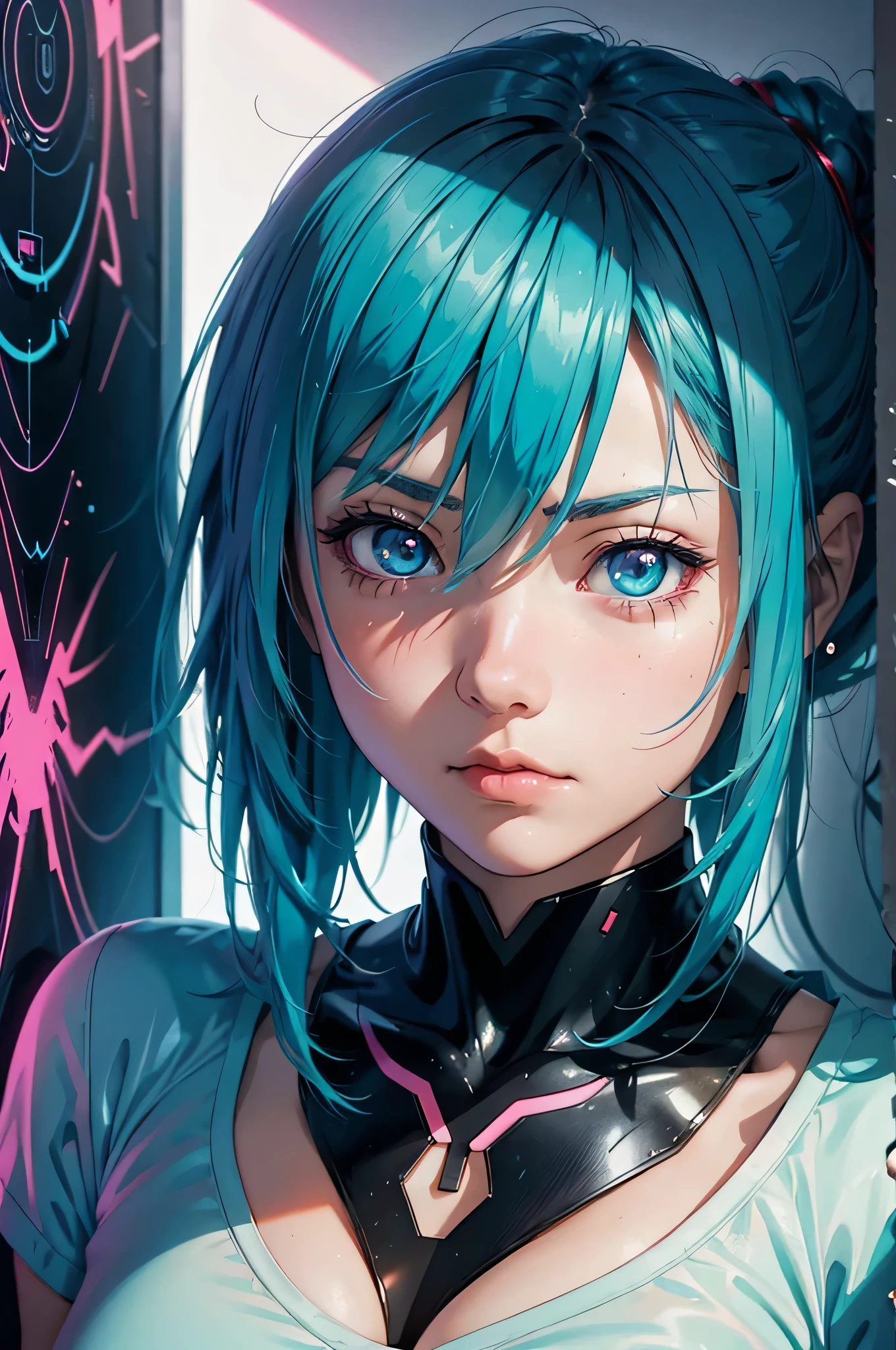 an anime girl is looking straight at the wall, in the style of neon realism, light cyan and crimson, realistic hyper-detailed portraits, pulp comics, shiny/glossy, close up, subtle emotions --ar 2:3
