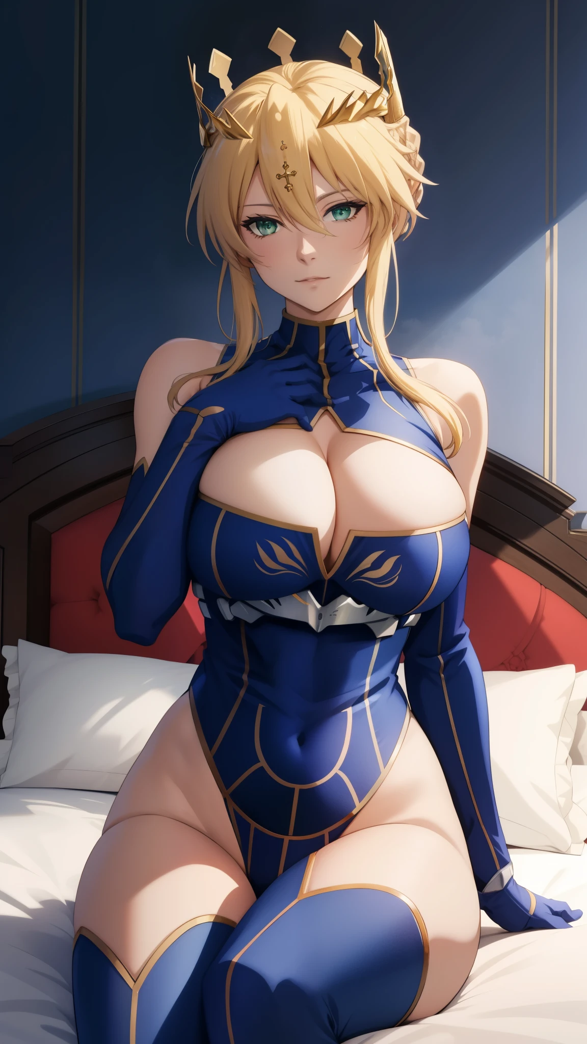 (best quality, highres), portrait, artoria pendragon lancer, adult woman, green eyes, artoriaLancer, braid, crown, turtleneck, cleavage cutout, sleeveless, blue leotard, gauntlets, sit on bed, royal chamber scene