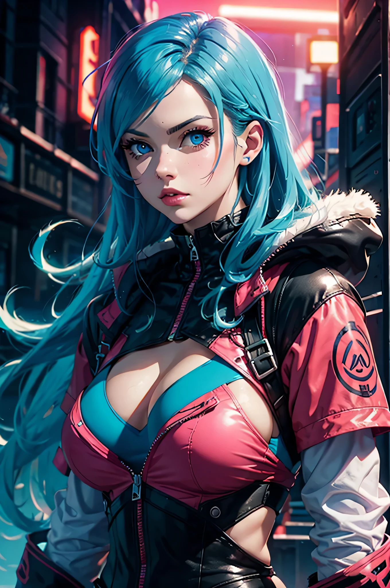 a woman with blue hair, blue eyes and an eyebrow, looking straight, in the style of synthwave, romantic illustrations, martin ansin, light red and light pink, 8k resolution, close up, gary baseman --ar 2:3