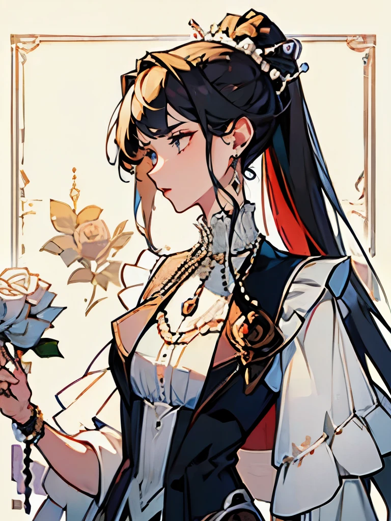 ((best quality)), ((masterpiece)), (detailed), perfect face ((pearls dresses)) ((vest)) ,chain,roses,ponytail hair,big riboon,holding Blade,jewerly((long hair)), soft bangs 🥀🥀