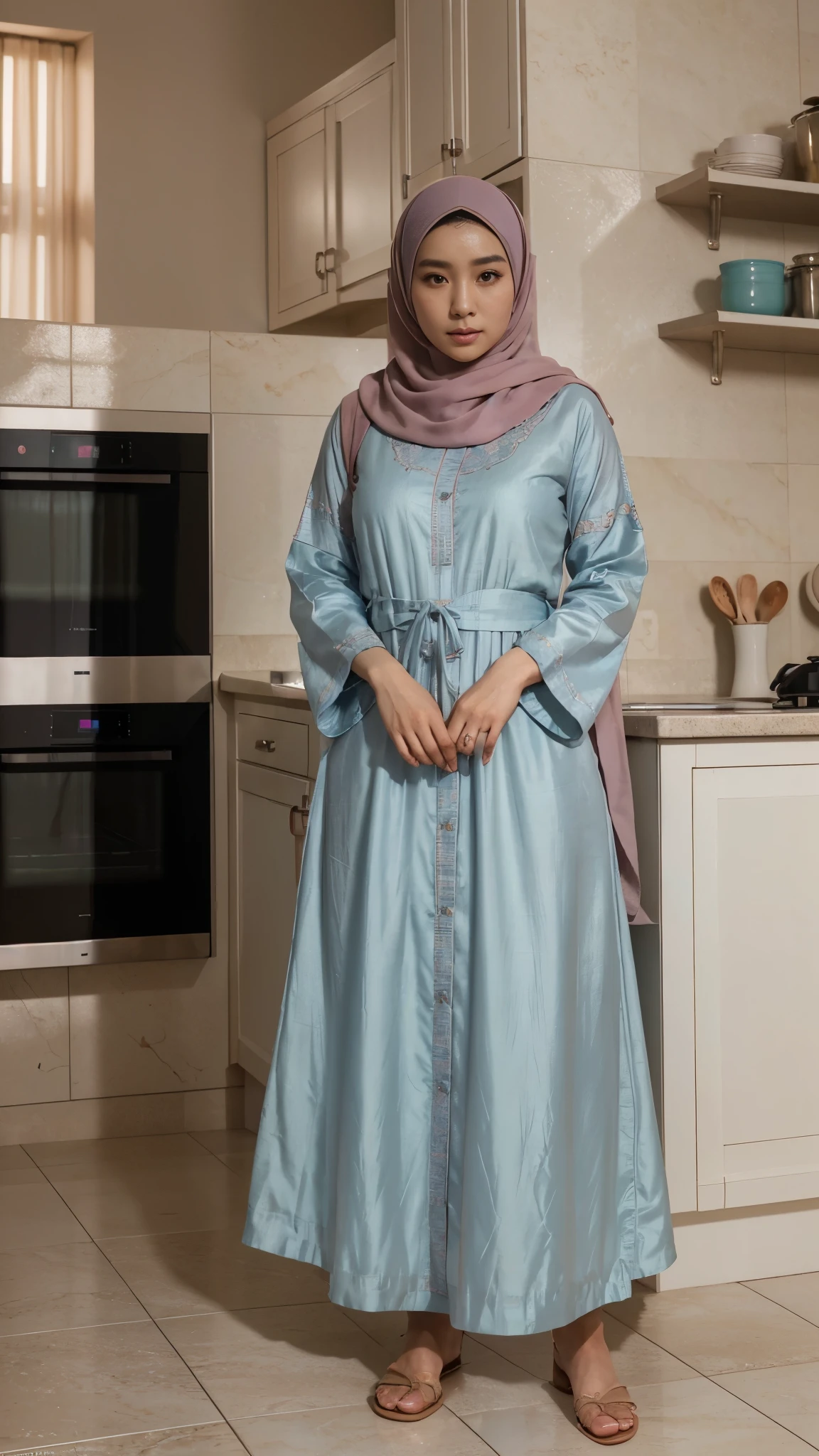 {{masterpiece, best quality, extremely detailed CG, unity 8k wallpaper, cinematic lighting, }}, Sony α7, wide frame, A Korean man crossdressing as a woman wearing perfect loose hijab, pastel abaya dress, and woman's sandals standing in the kitchen with timid pose and shy expression, he is facing to the camera.