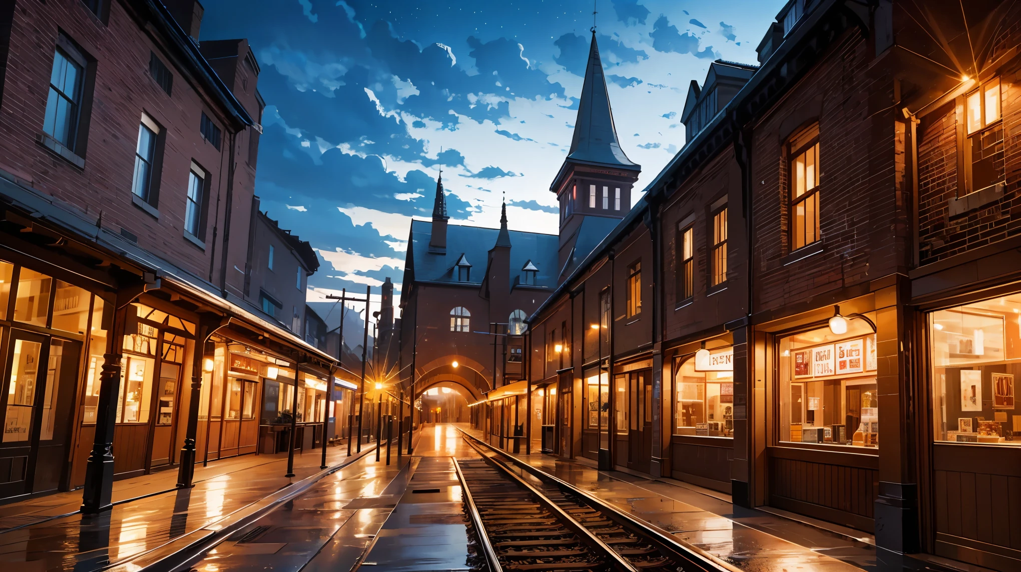 High resolution, Super fine, real, Station scenery, An illustration, oil, night view, beautiful cityscape, Bright colors, shining light, Glowing windows, passing train, Half timber style design with spire, brick wall, wooden pillars and beams, Western-style architecture, 