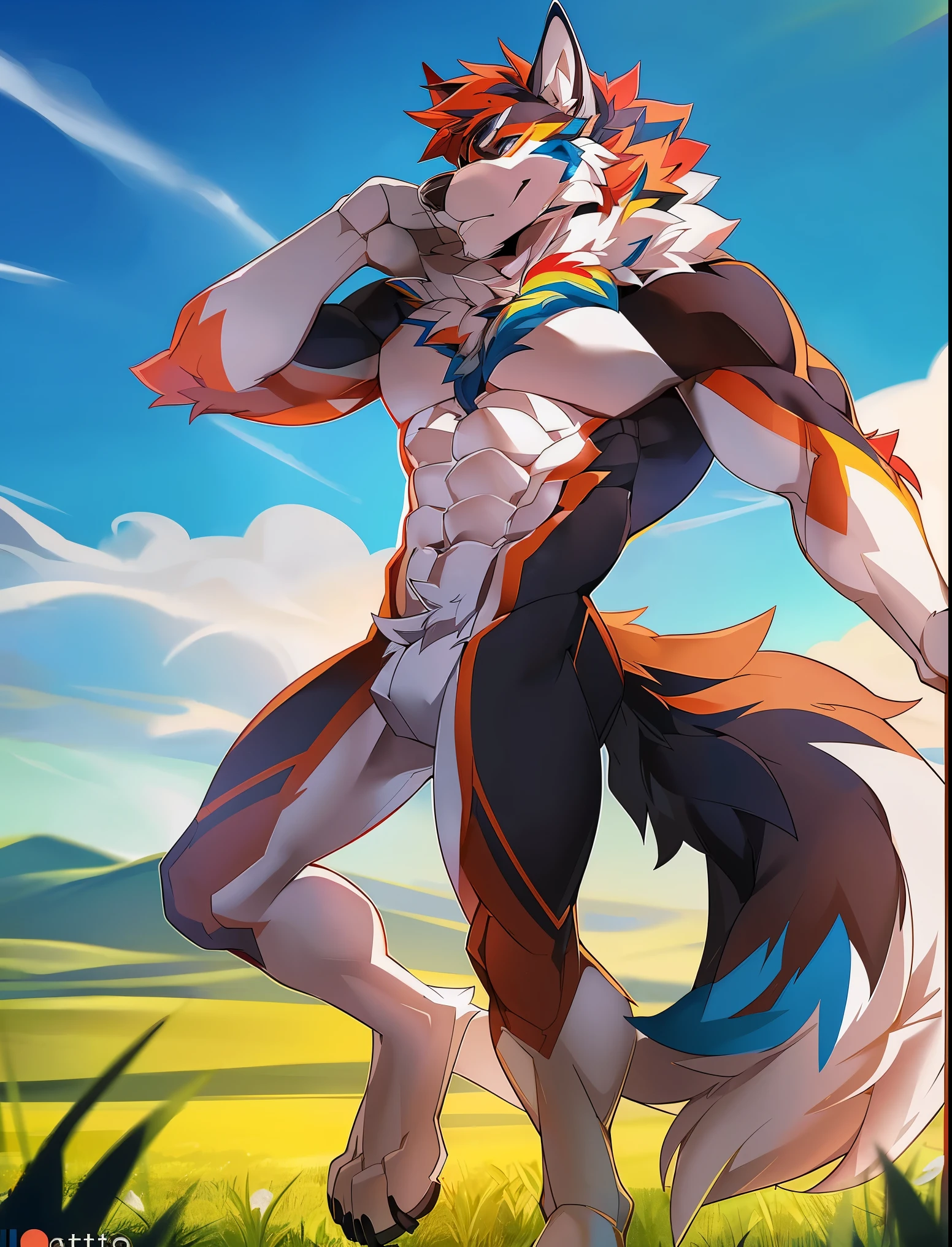 ((Solo)), male people, anthro wolf, (Multi-colored fur, White tail pointed), (Height 2.1 meters,Tail length 1.5m), Abs, pinginuscular, A long big tail, by patto, field