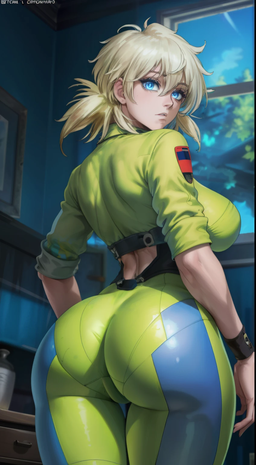 (masterpiece, highest quality, best quality, official art, beautiful and aesthetic: 1.2), (1girl), extremely detailed, (fractal art: 1.3), colorful, highest detailed, perfect face, upper body, HDR, ), vivid visual effects, (dynamic stripes, luminous traces: 1.2),, ass focus, ass, large ass, bare ass, naked ass, nude, ass window, sexy, wide hips, thicc figure, Detailed blue eyes, Detailed face, Detailed eyes, perfect face, perfect eyes, wearing blue bodysuit, back view, looking back at viewer 