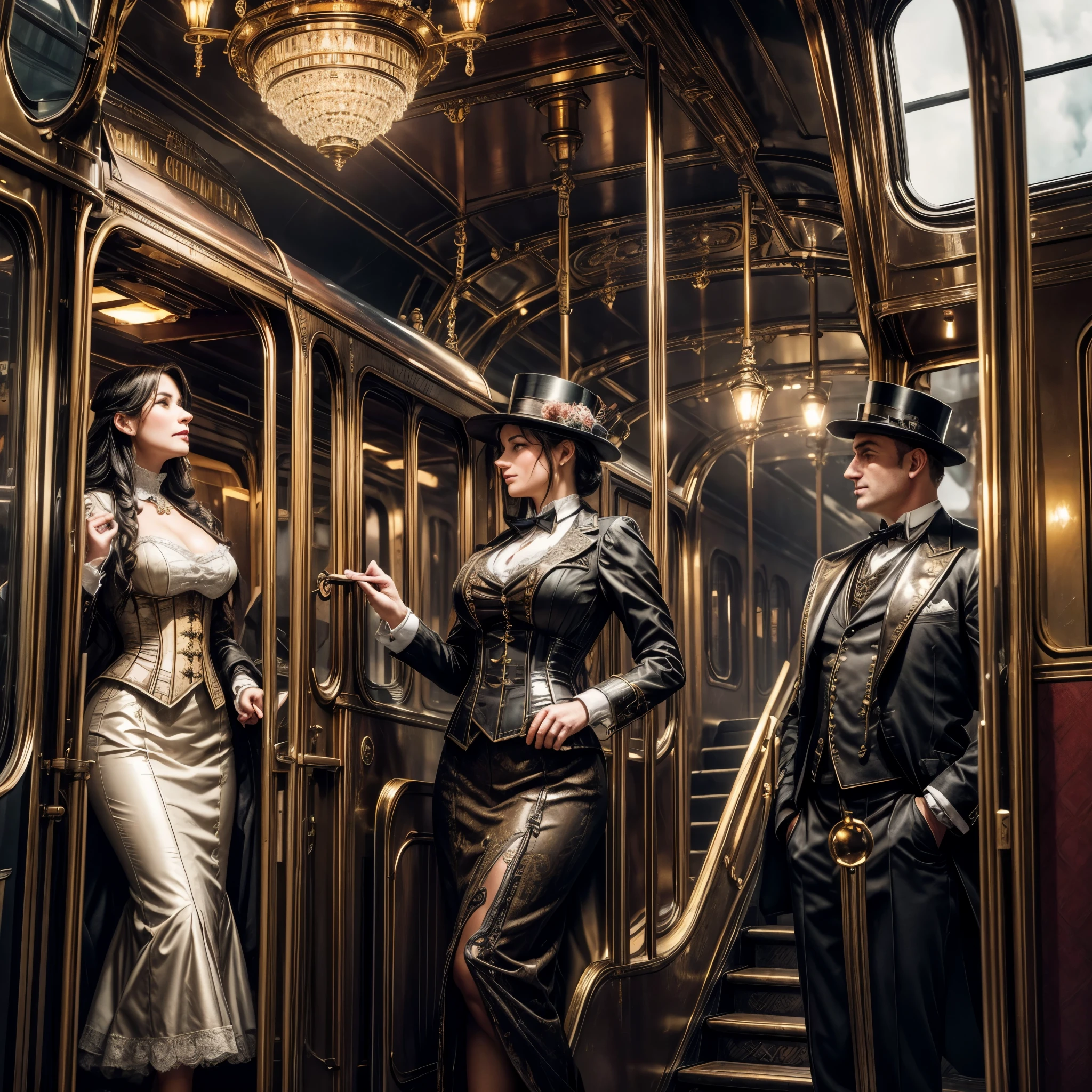 (best quality,4k,8k,highres,masterpiece:1.2),ultra-detailed,(realistic,photorealistic,photo-realistic:1.37),steam punk,a luxurious Train Station,spotlessly clean,several steam punk entertainment gadgets are present,golden steam-powered machines,exquisite clockwork mechanisms,elaborate brass gears and cogs,steaming pipes and valves,ornate Victorian architecture,impeccably polished marble floors,vintage leather-upholstered seating,gleaming crystal chandeliers,elegant top hats and corsets,curved wrought-iron staircases,copper-clad ticket booths,an opulent waiting lounge with plush velvet seats,an old-fashioned ticket conductor standing at the platform,steam-powered trains arriving and departing with a majestic hissing sound,couples in elegant attire waiting to board the train,a sense of excitement and anticipation in the air,beautifully painted vintage train carriages,puffs of steam billowing from the engines,strategically placed gas lamps casting a warm glow,sounds of clinking tea cups and laughter from a nearby café,vivid colors of rich burgundy,deep emerald green,and shimmering gold,all perfectly illuminated by the soft natural light streaming through large stained glass windows,captured in a timeless moment of Victorian elegance and steam-powered marvels.