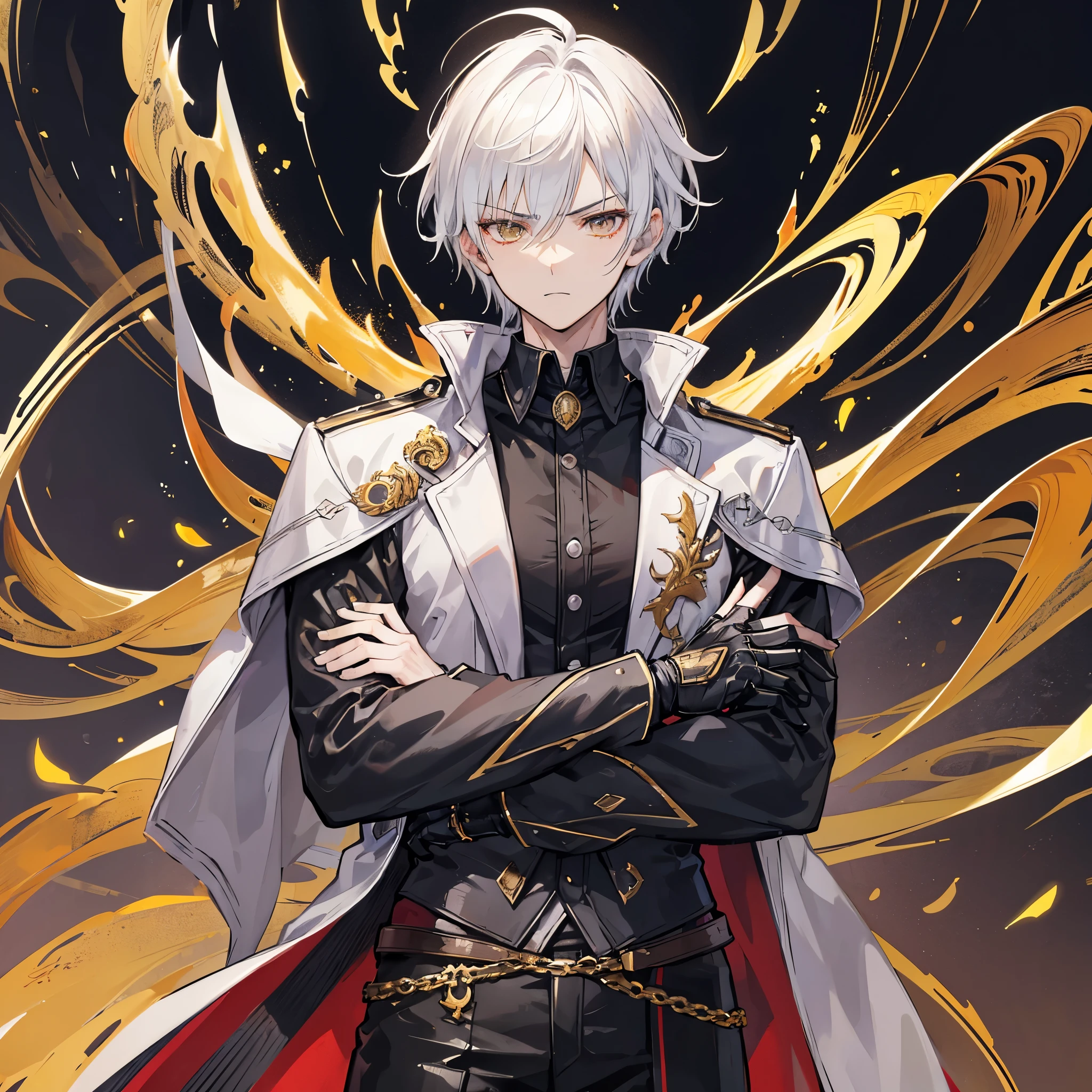 Handsome male, 1male, 17 years old, teenager, golden lining, short white hair, sharp eyes, gold eyes, devil may cry, close up, calm expression, stoic, black leather clothes, black gloves, crossed arms, upper body, looking at viewer, cowboy shot, black dragon background