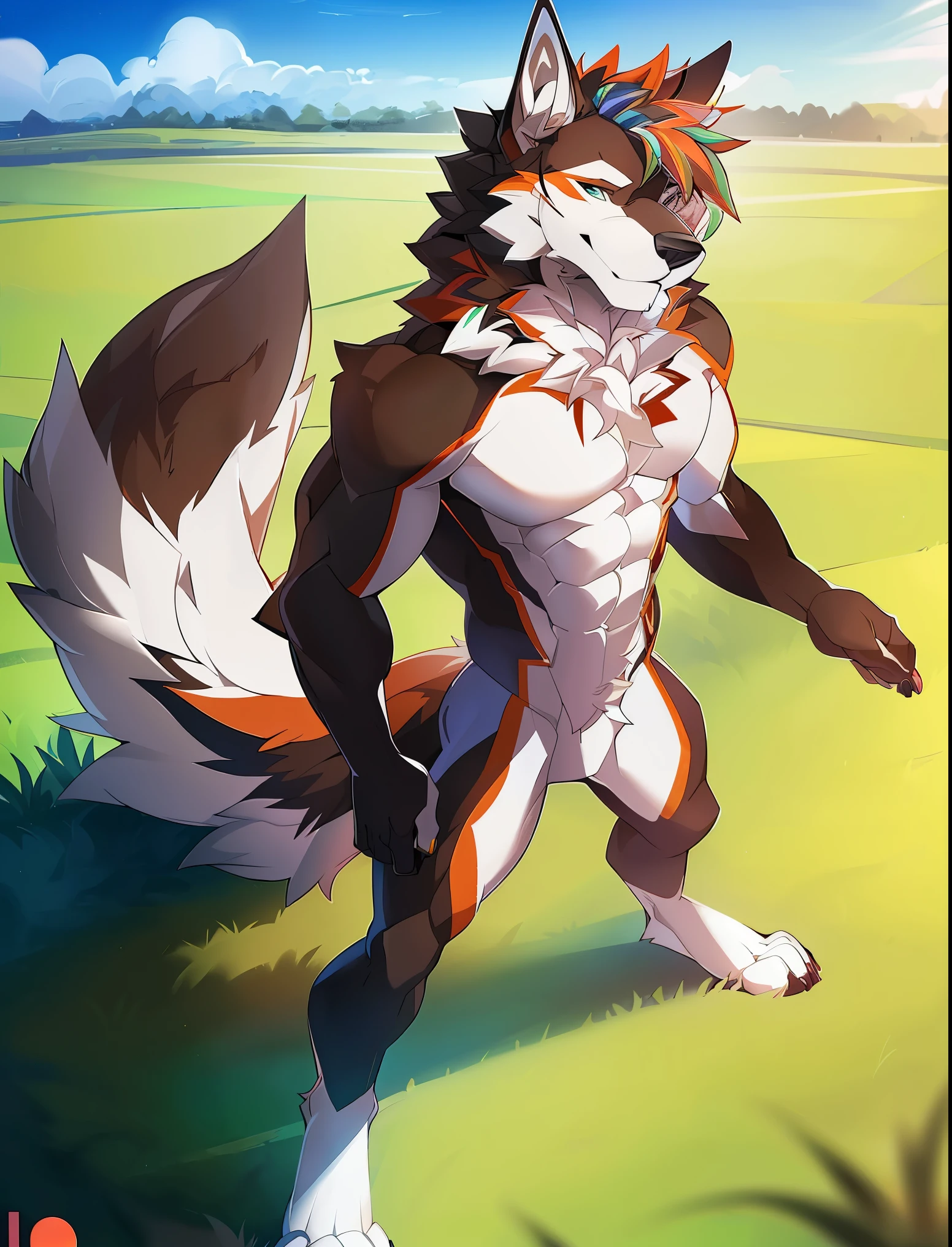 ((Solo)), male people, anthro wolf, (Multi-colored fur, White tail pointed), (Height 2.1 meters,Tail length 1.5m), Abs, pinginuscular, A long big tail, by patto, field