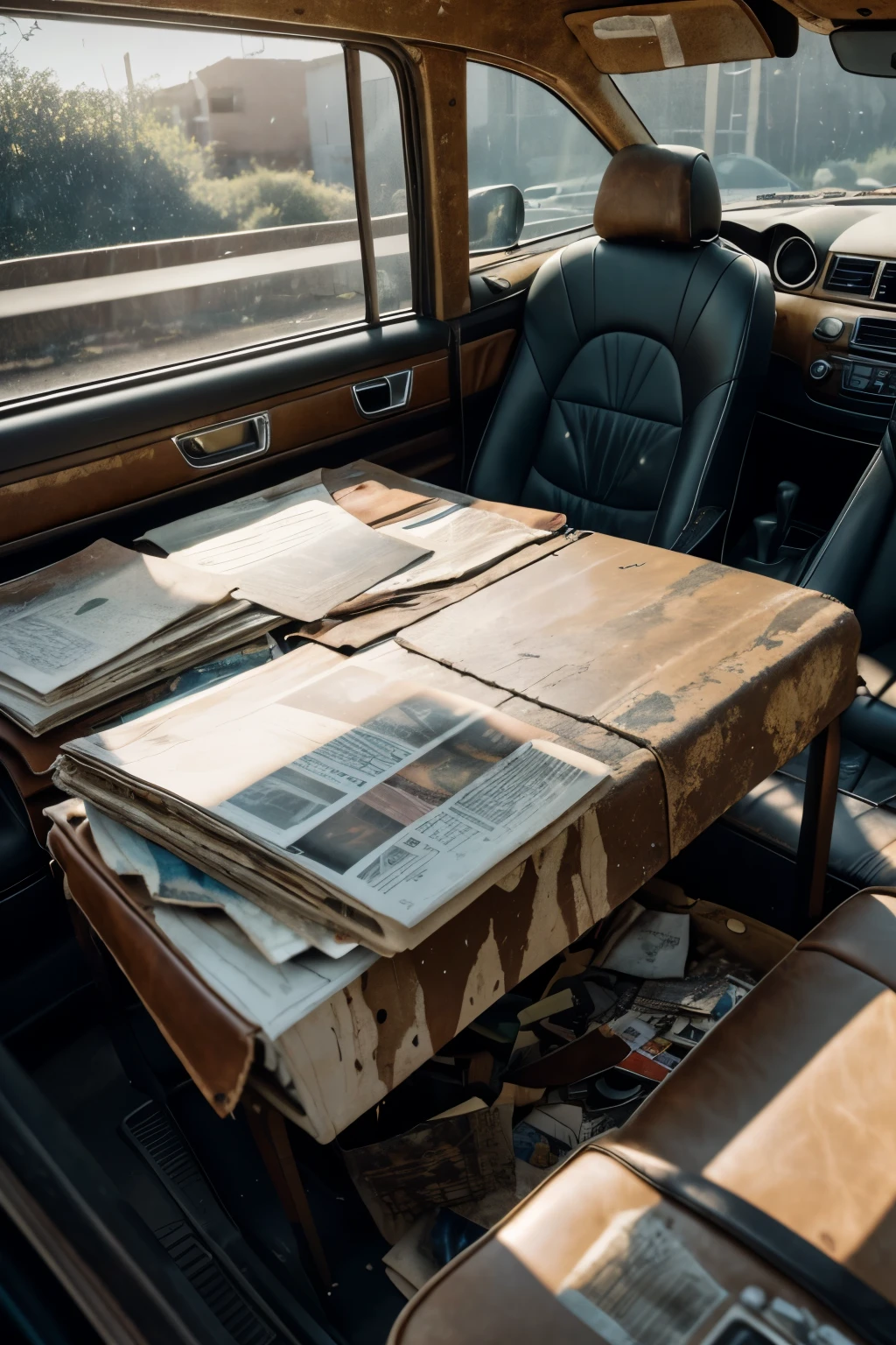 Masterpiece, messy car interior, cluttered, disorganized, chaotic, (mixed colors: 1.1), old papers and magazines scattered around, empty food containers, crumpled clothes, (distressed leather: 1.2), sunbeams filtering through the windshield, dust particles dancing in the light, (low contrast, natural colors: 1.1), (Canon EOS 5D Mark IV: 0.8), Nikkor 50mm f/1.4, grainy texture, rustic feel, raw, imperfect beauty.