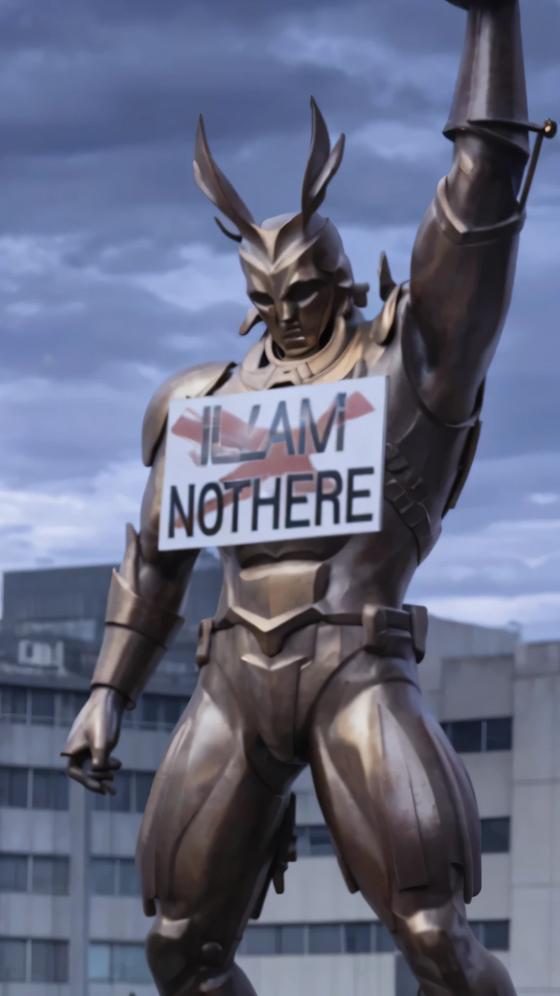 bronze statue, white sign, cloudy, building