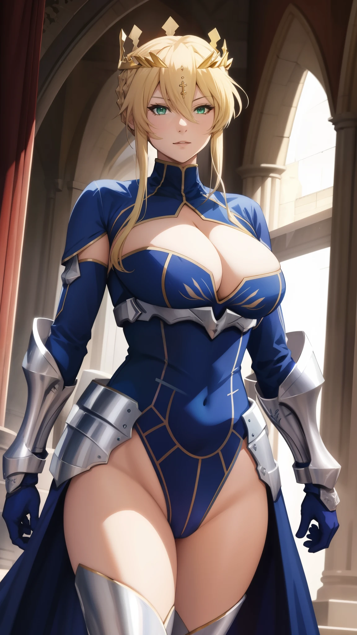 (best quality, highres), portrait, artoria pendragon lancer, adult woman, green eyes, artoriaLancer, braid, crown, turtleneck, cleavage cutout, sleeveless, blue leotard, gauntlets, royal chamber scene, ultra detailed