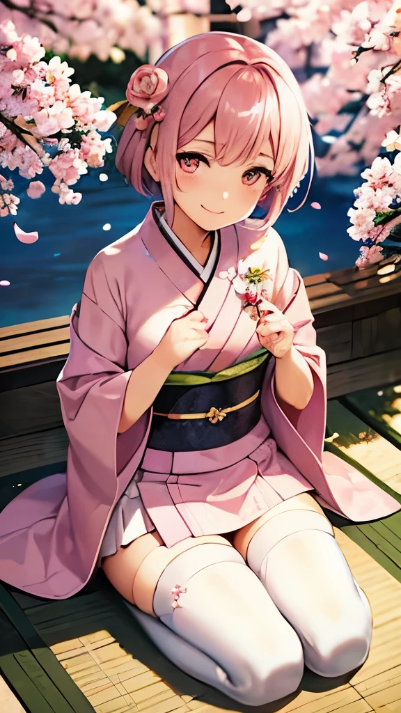 kimono、pink kimono、white thigh high socks、girl, beautiful girl,shyly、smile、clear、、short hair、(masterpiece), (highest quality), Super detailed, perfect face, perfect body, sitting on the floor、flowering tree、spring