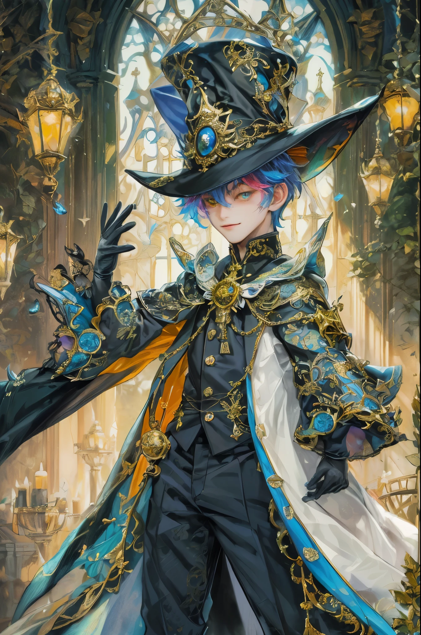 ((absurdres, highres, ultra detailed, perfect face), 1 boy , front view, young boy, handsome boy villain character from sugar sugar rune, short hair, anime eyes, mage clothes with colorful details, eyes on the viewer, add red details to picture and smirk, dimples, extremely detailed CG unity 8k wallpaper, add blue details on side, intricate details and add yellow details on left, rose ornaments, witch castle background, detailed houses town scenery window background, tim burton style theme