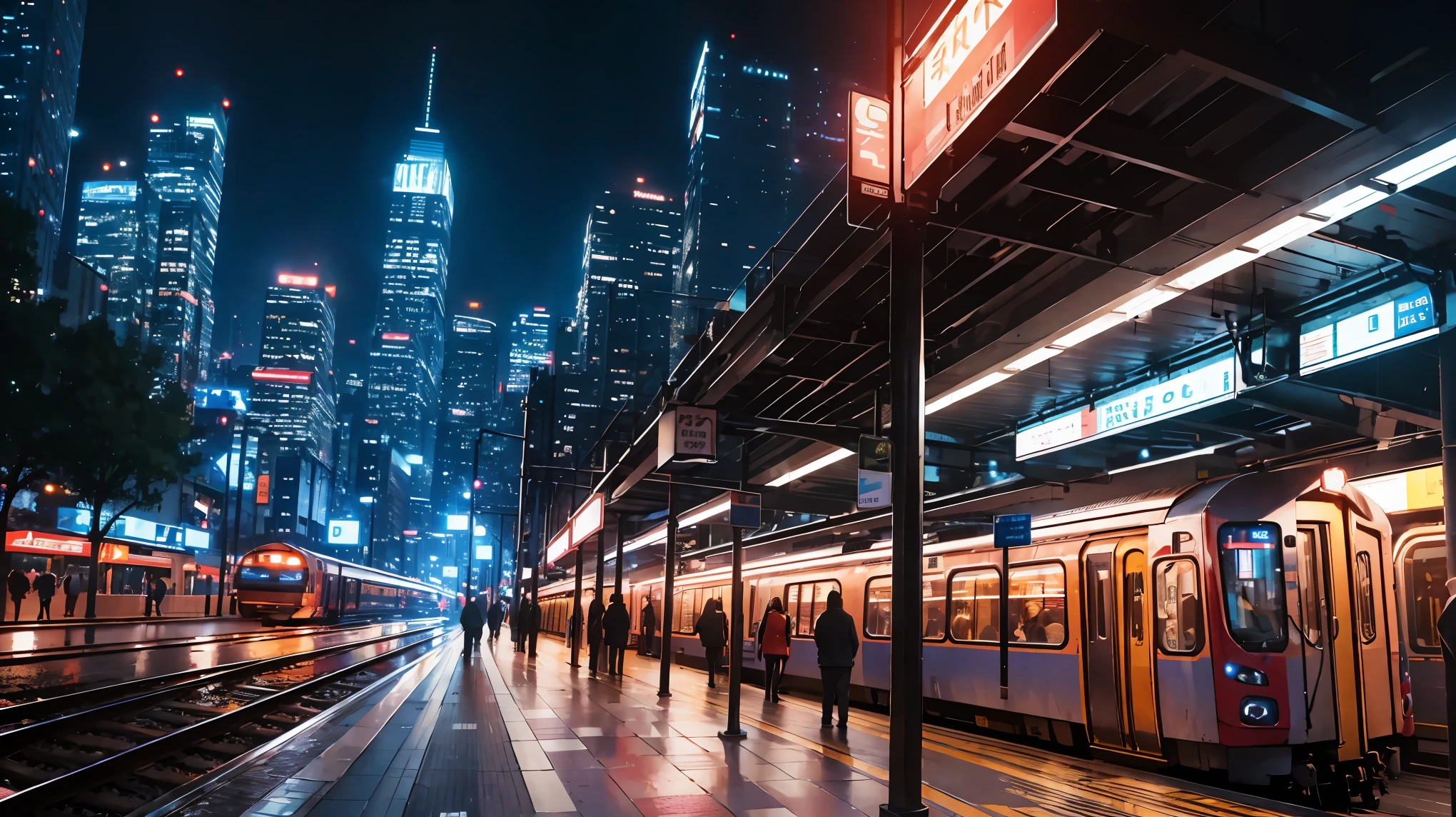 High resolution, Super fine, real, Station scenery, An illustration, oil, night view, beautiful cityscape, Bright colors, shining light, Glowing windows, passing train, subway platform, Inorganic space, Electronic bulletin board, passing train, person waiting at home, blurry movement, soft shadow, lively atmosphere,