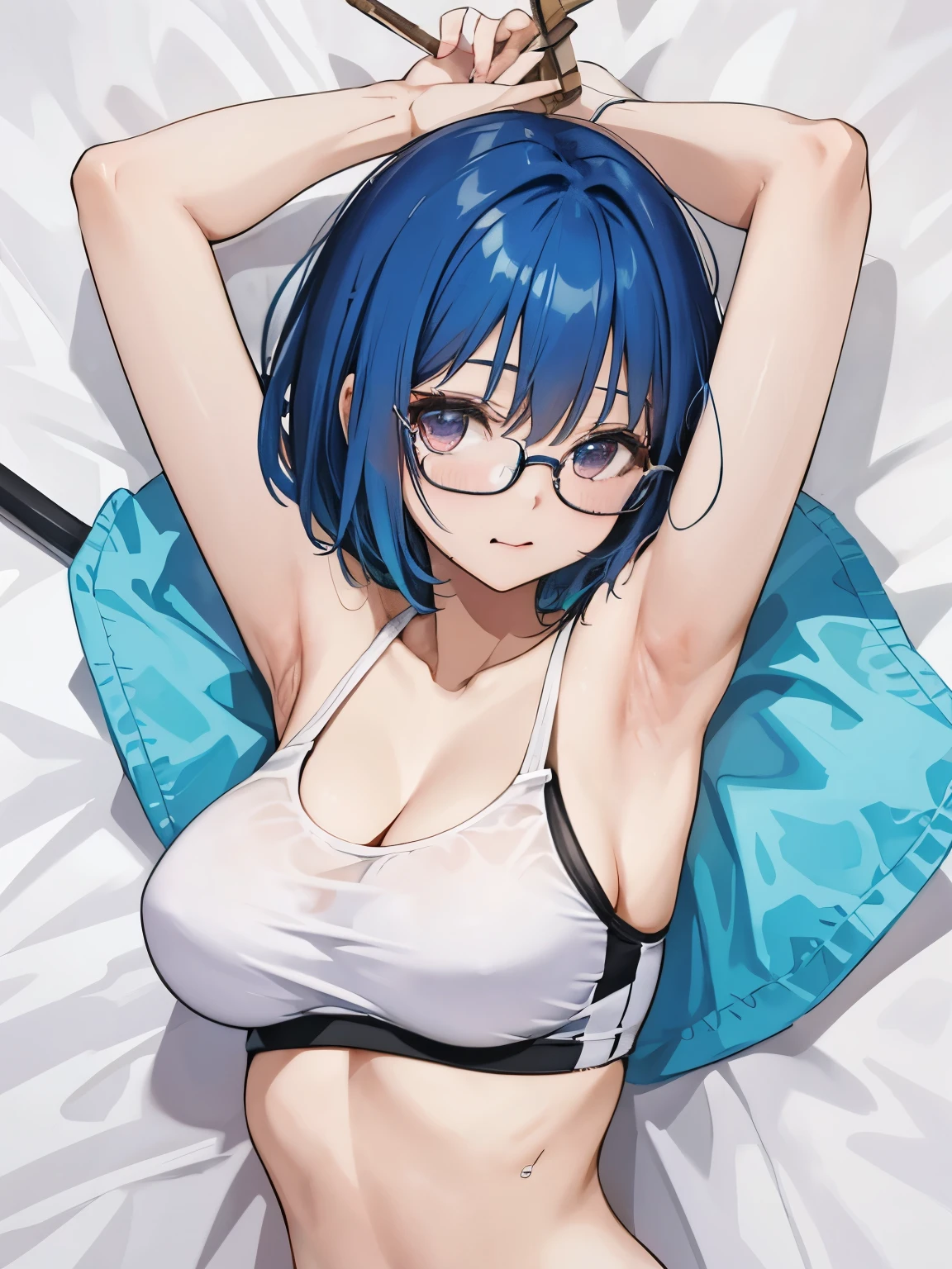 片手でglassesをずらす少女、1 girl、young girl、blue hair、short bob、Long bangs on the right side、Upper body、view from above、big breasts、show me your armpits、Armpit、stick out tongue、glasses、sports bra、There&#39;s  on it