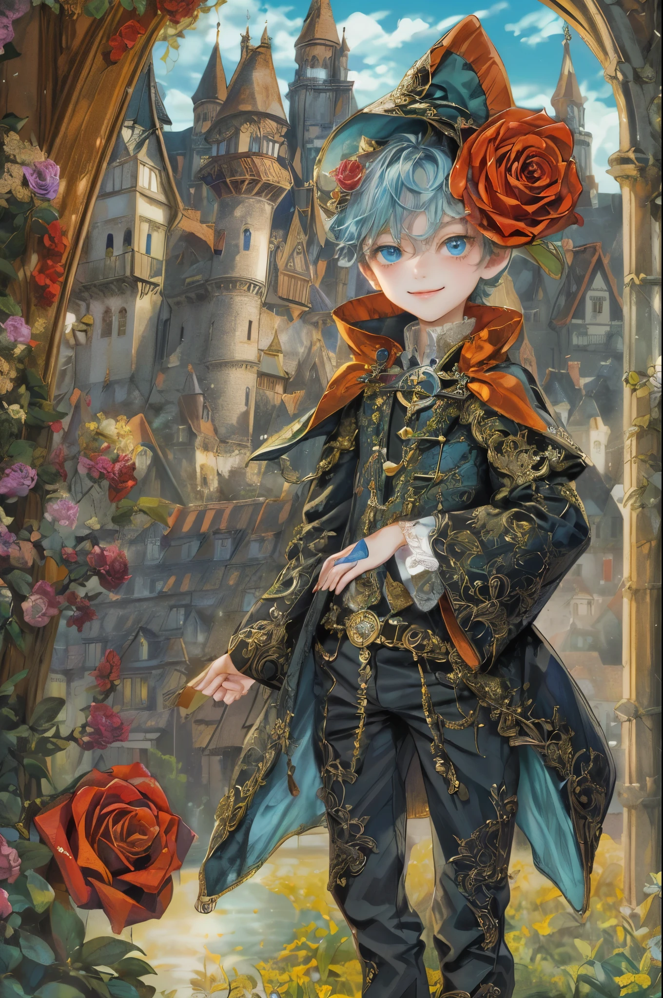 ((absurdres, highres, ultra detailed, perfect face), 1 boy , front view, young boy, handsome boy villain character from sugar sugar rune, short hair, anime eyes, mage clothes with colorful details, eyes on the viewer, add red details to picture and smirk, dimples, extremely detailed CG unity 8k wallpaper, add blue details on side, intricate details and add yellow details on left, rose ornaments, witch castle background, detailed houses town scenery window background, tim burton style theme