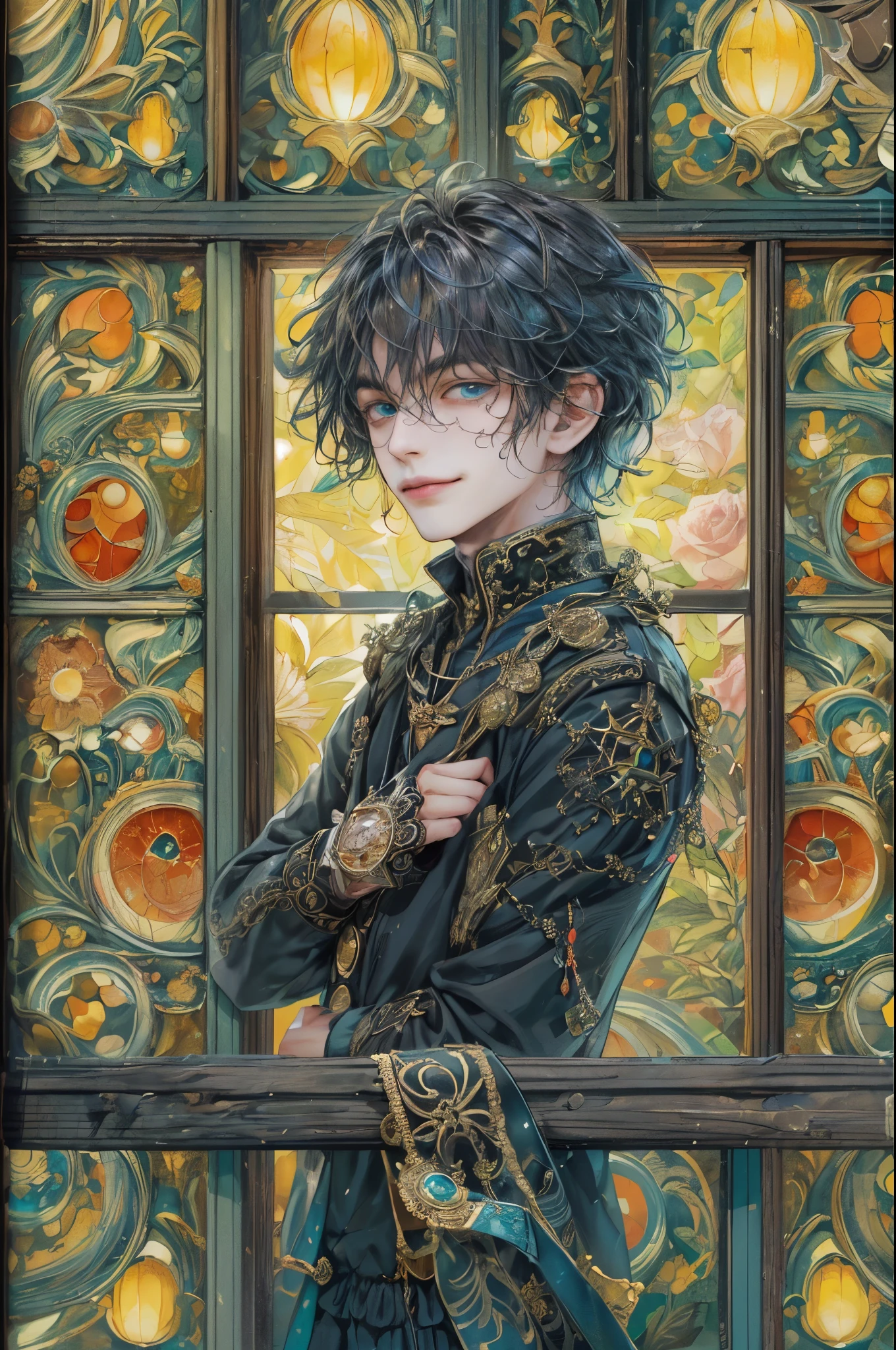((absurdres, highres, ultra detailed, perfect face), 1 boy , front view, young boy, handsome boy villain character from sugar sugar rune, short hair, anime eyes, mage clothes with colorful details, eyes on the viewer, add red details to picture and smirk, dimples, extremely detailed CG unity 8k wallpaper, add blue details on side, intricate details and add yellow details on left, rose ornaments, witch castle background, detailed houses town scenery window background, tim burton style theme