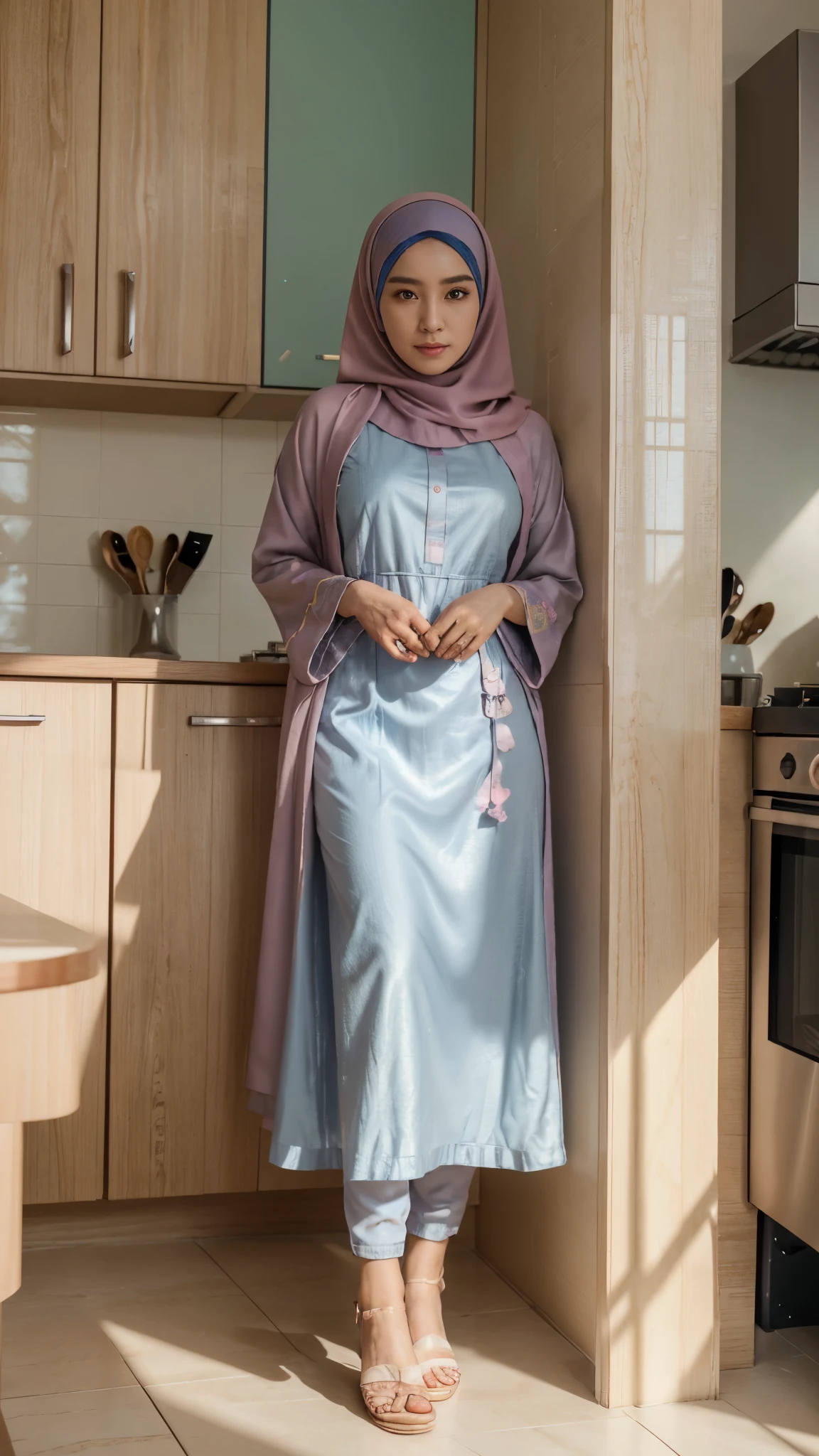{{masterpiece, best quality, extremely detailed CG, unity 8k wallpaper, cinematic lighting, }}, Sony α7, wide frame, A Korean man crossdressing as a woman wearing perfect hijab, pastel abaya dress, and woman's sandals standing in the kitchen with timid pose and shy expression, he is facing to the camera.